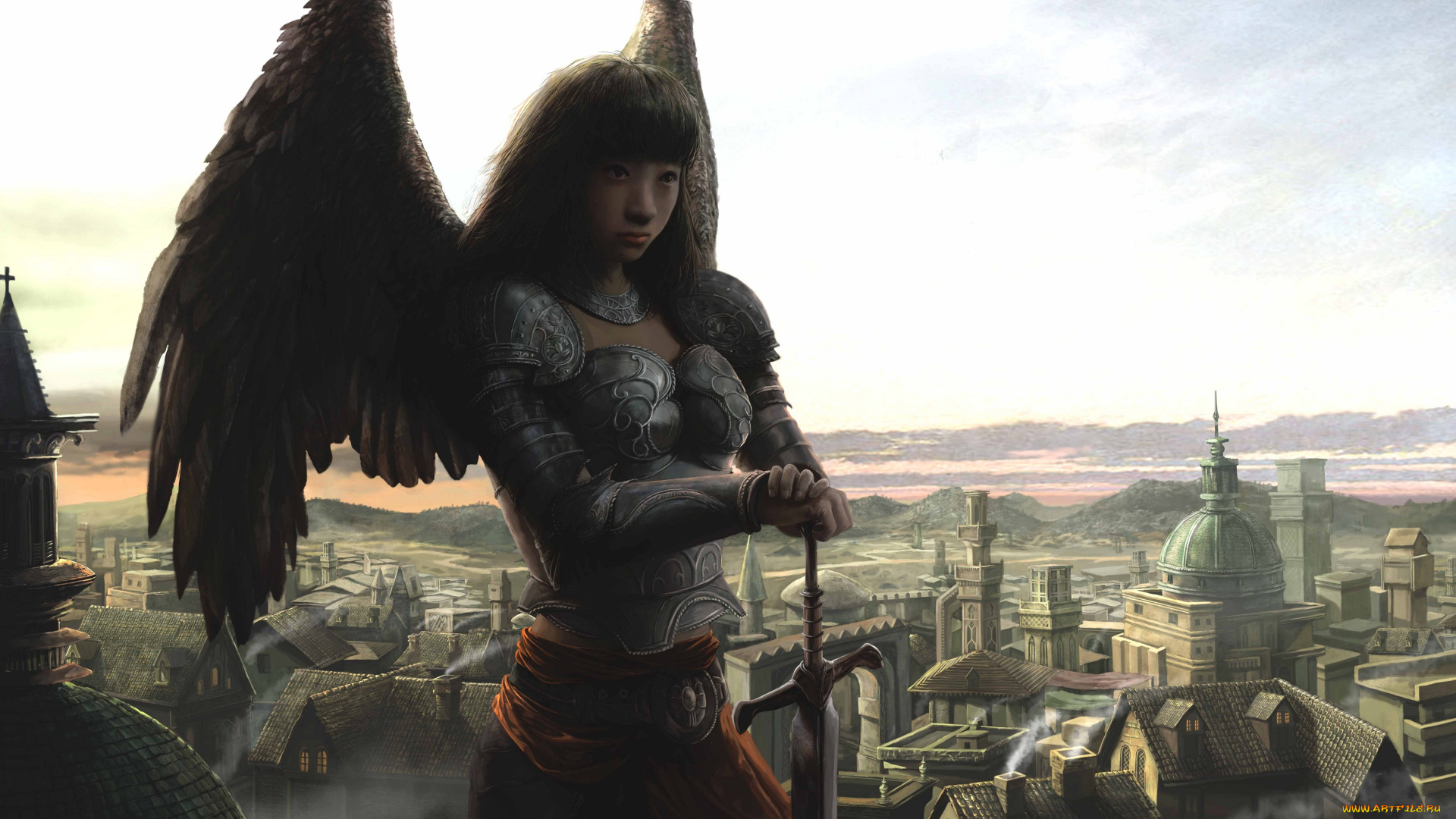 фэнтези, ангелы, облака, небо, город, меч, крылья, ангел, арт, девушка