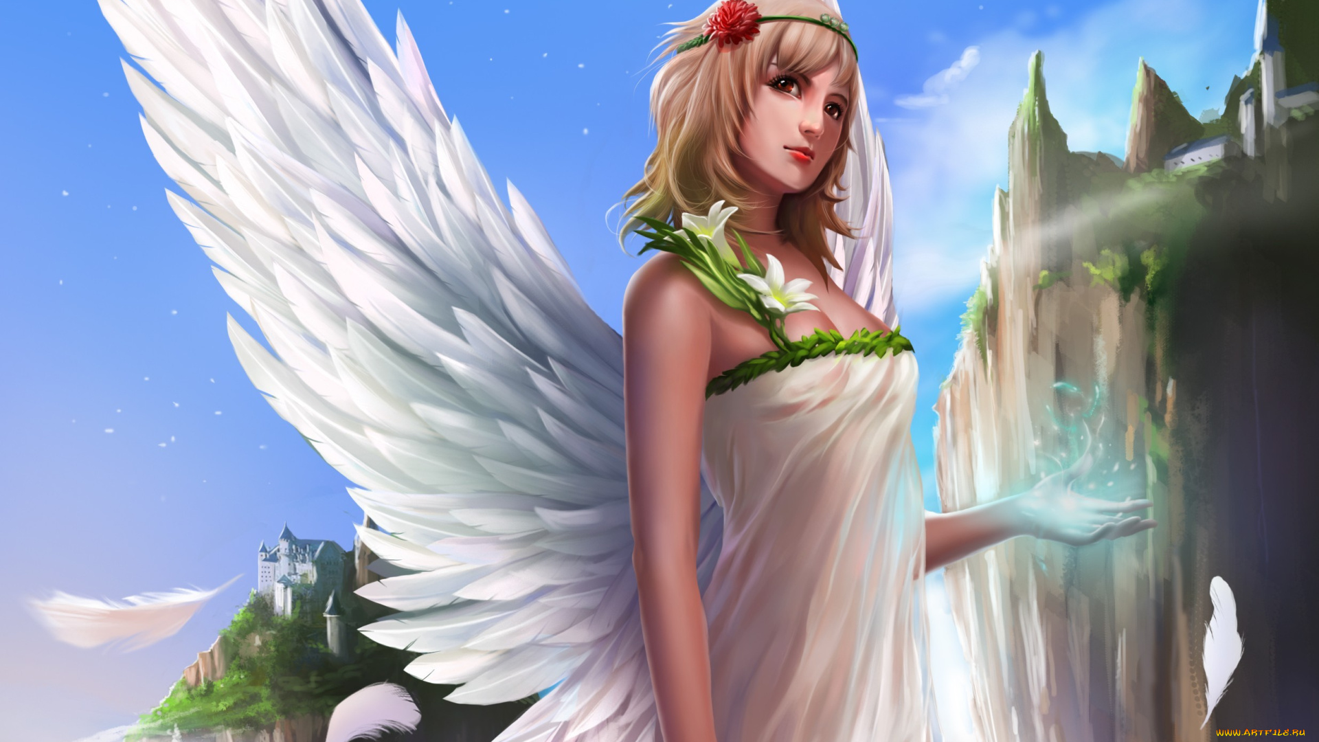 фэнтези, ангелы, скалы, рука, девушка, крылья, ангел, арт, венок, перья, цветы, город, магия