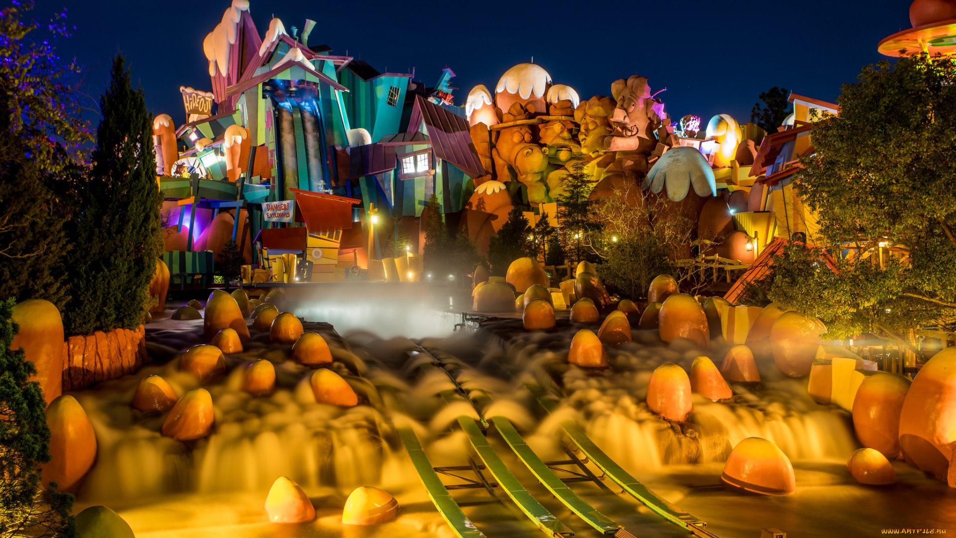 города, диснейленд, аттракционы, парк, ночь