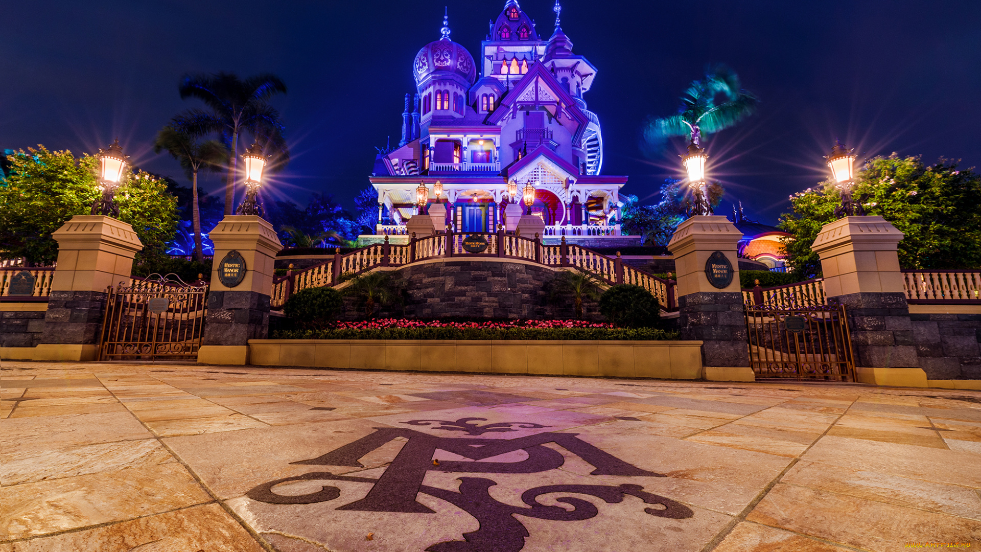 hong, kong, disneyland, города, диснейленд, огни, дворец, ночь, парк, ограда