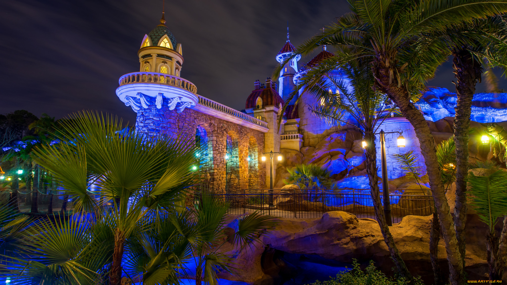 magic, kingdom, -, behind, the, palms, города, диснейленд, огни, ночь, замок, парк