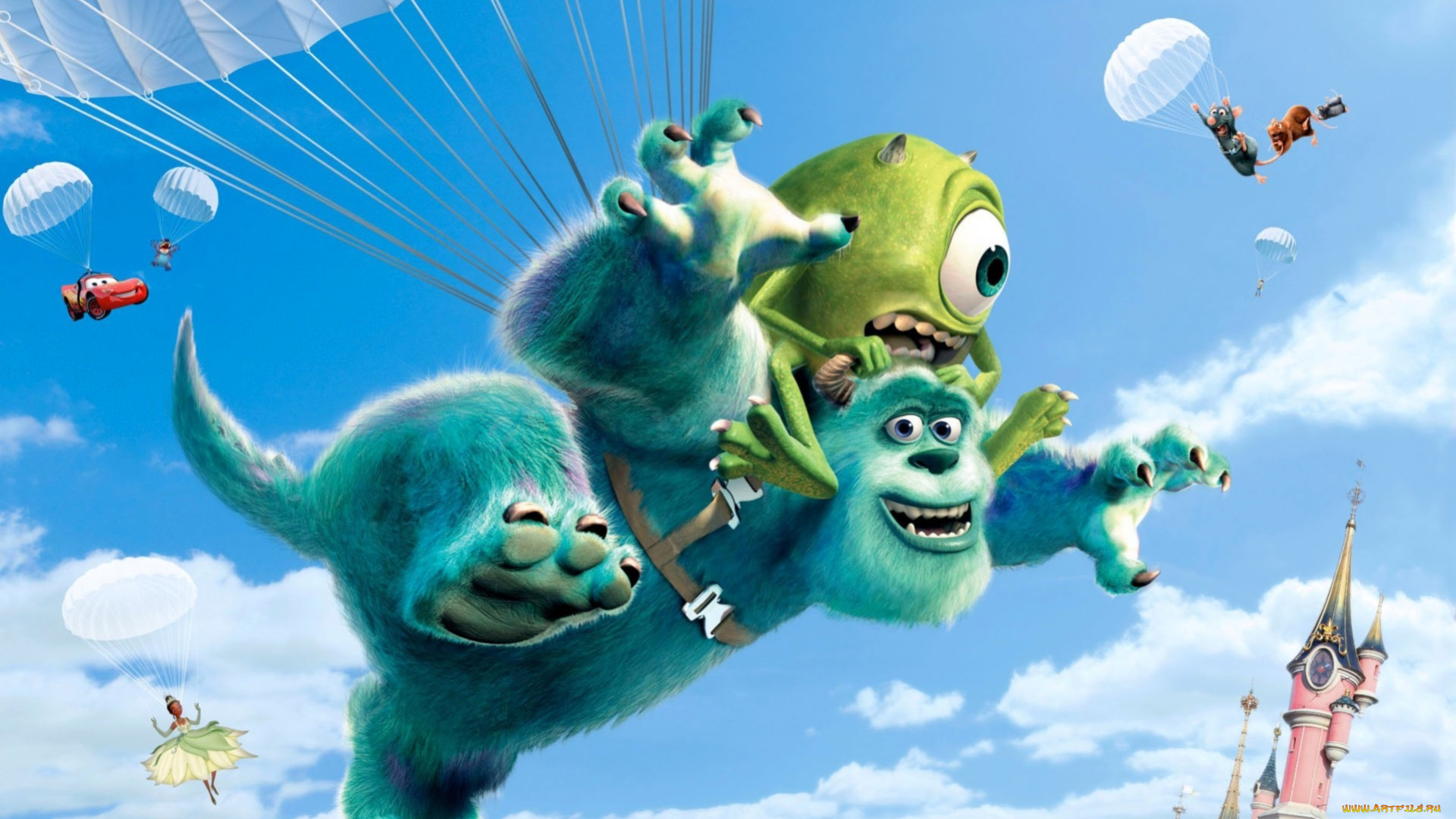 monsters, university, мультфильмы, монстры, парашюты, мультфильм, коллаж, орпорация, монстров, молния, мак-куин, тачки, принцесса, рататуй, крыса