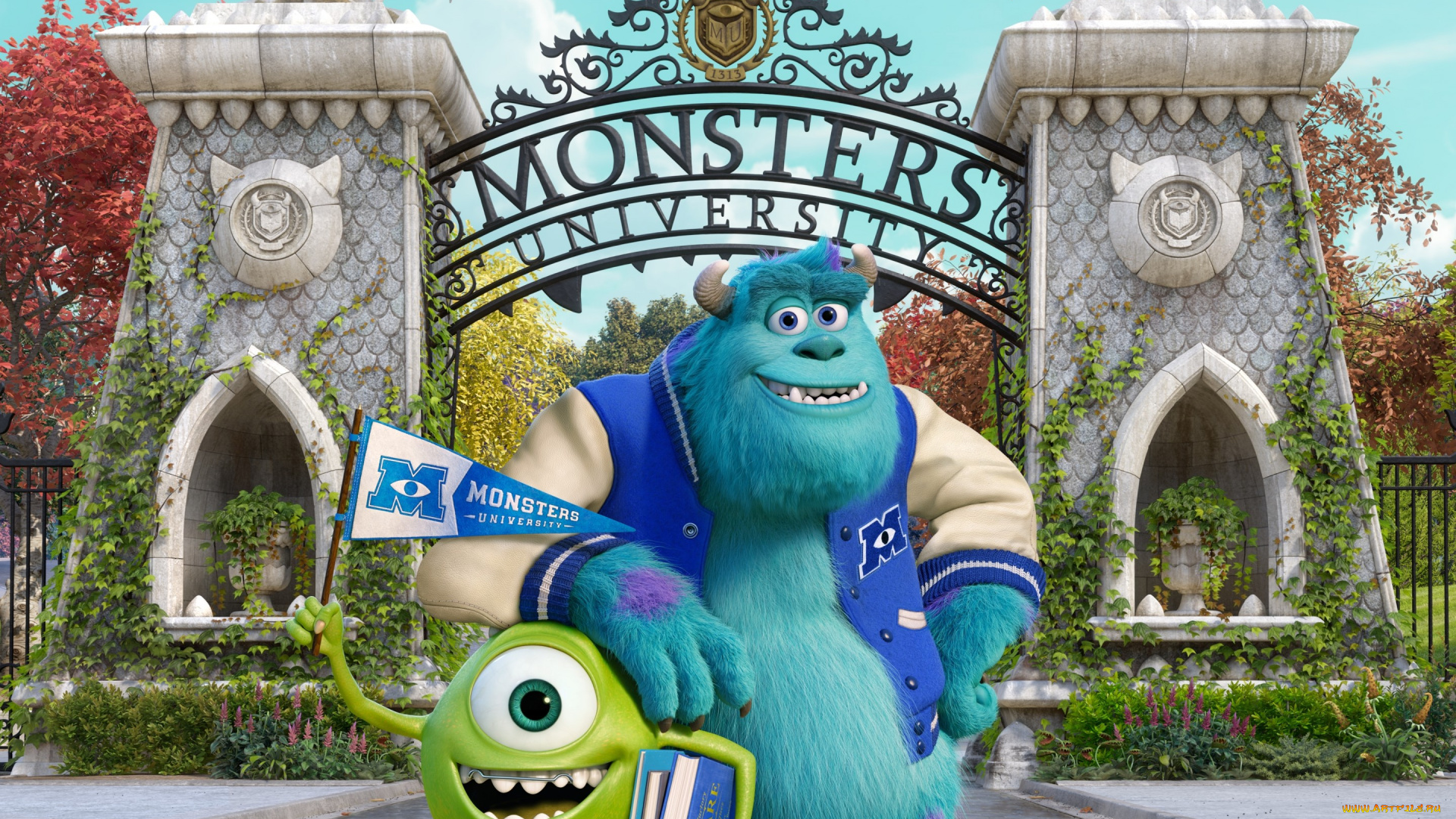 monsters, university, мультфильмы, университет, монстров, друзья, студенты, кампус, мультфильм, академия, корпорация, статуи, ворота