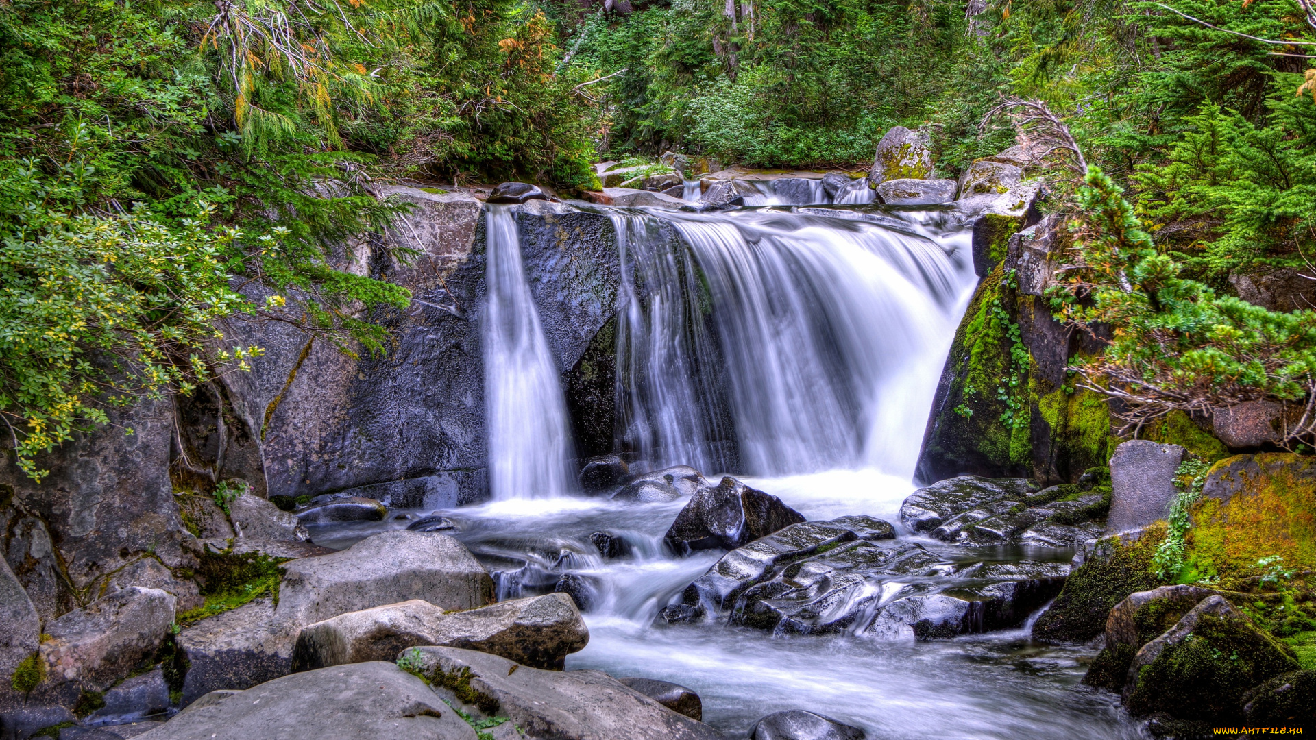 природа, водопады, река, водопад, деревья, поток, лес, склон, камни