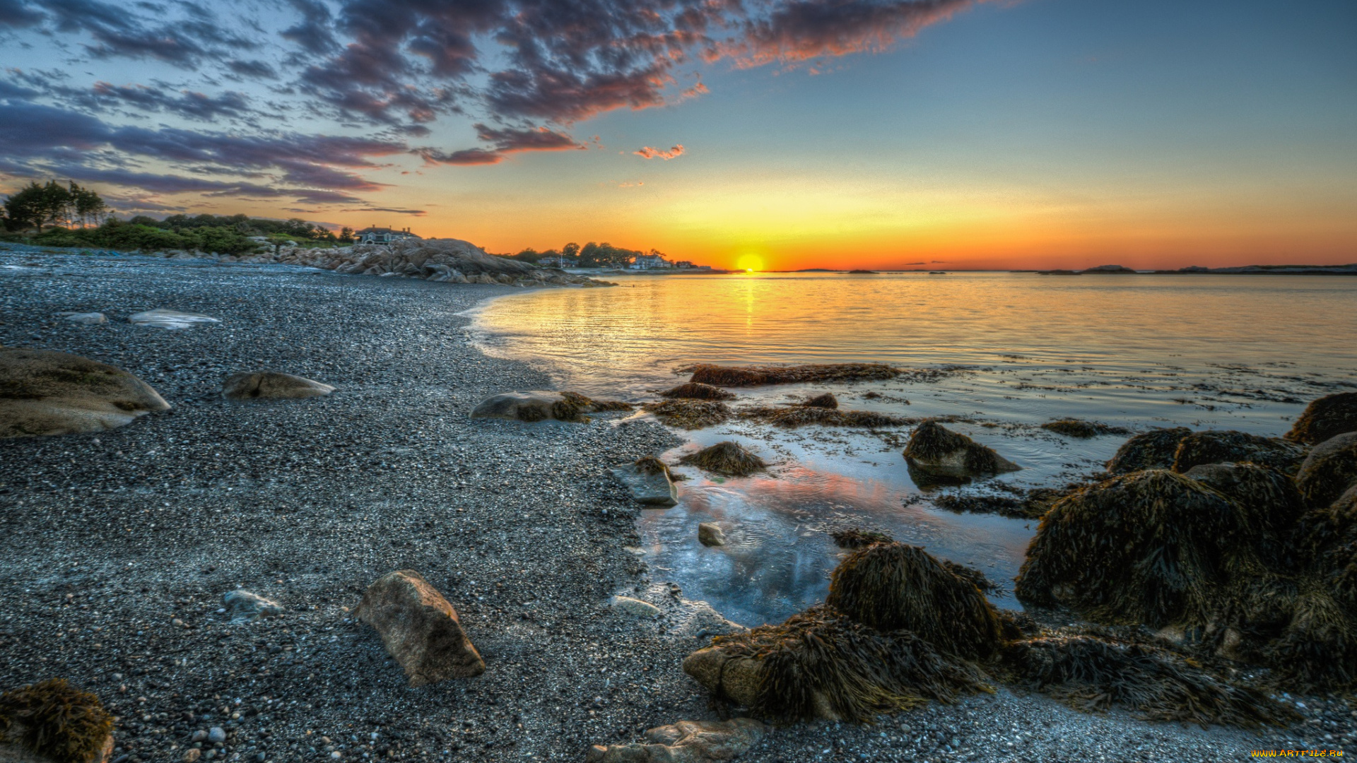 природа, восходы, закаты, океан, пляж, камни, галька, солнце, сияние