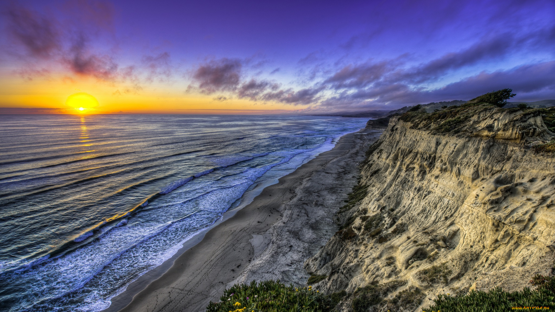 природа, восходы, закаты, океан, пляж, волны, горизонт, солнце