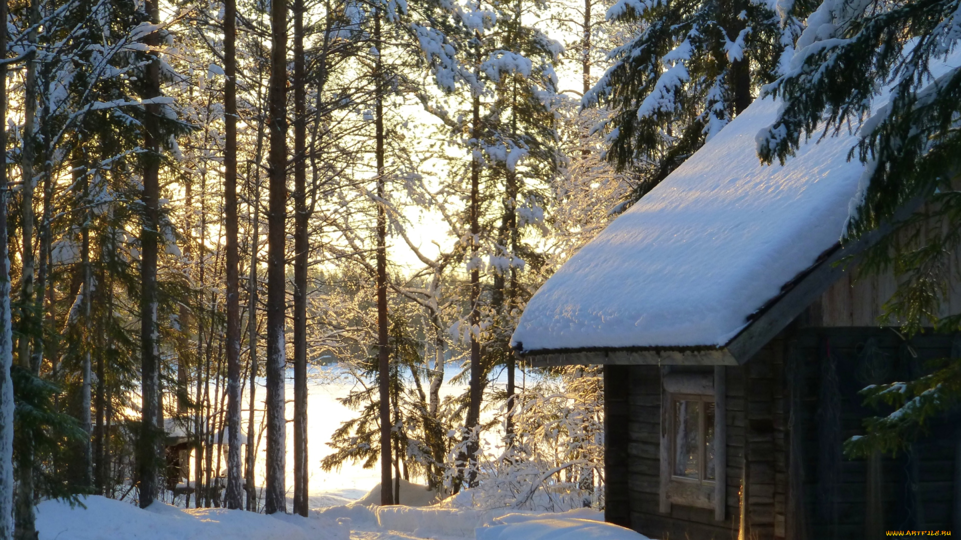 природа, зима, лес, снег, избушка