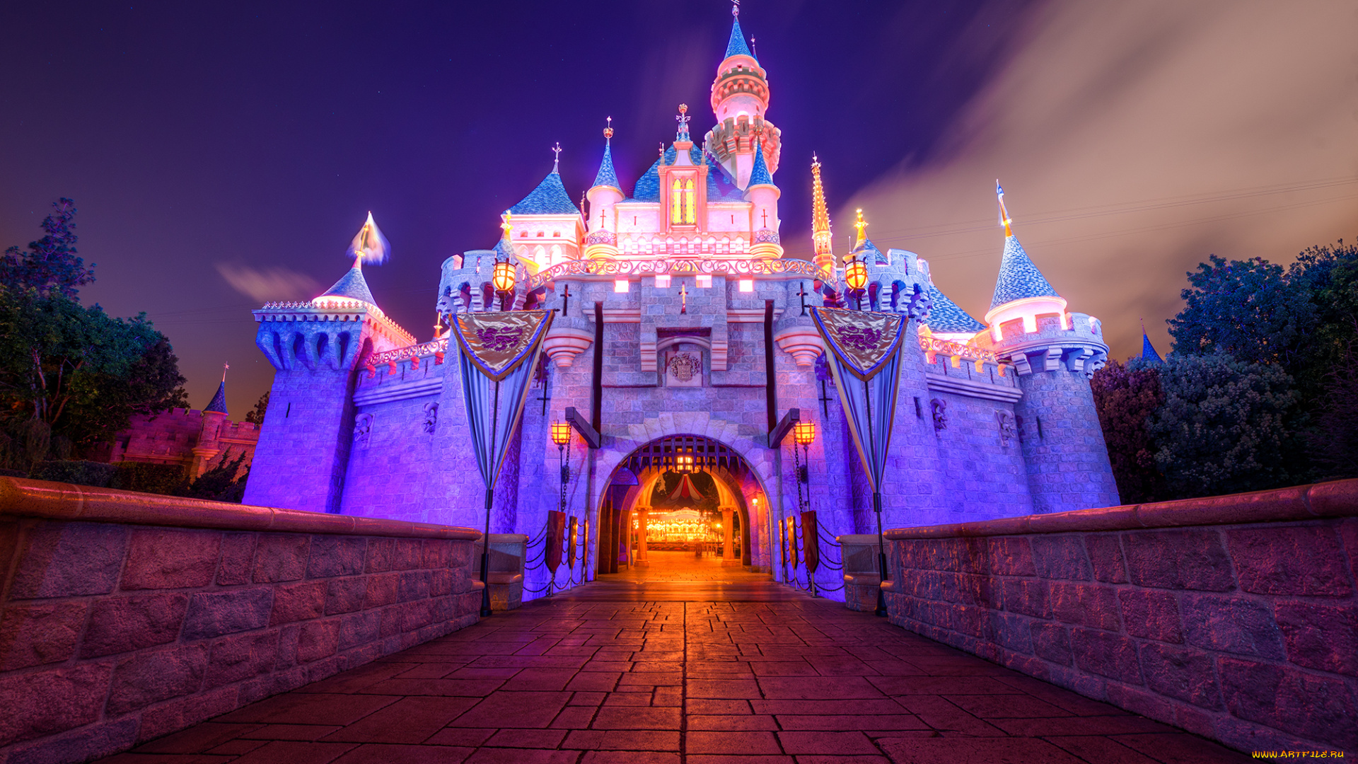 sleeping, beauty, castle, города, диснейленд, огни, замок, ночь, мост