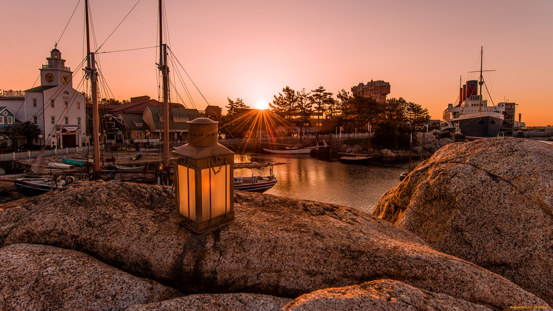sunrise, over, cape, cod, in, tokyo, disneysea, города, диснейленд, лодка, павильоны, рассвет, парк, залив