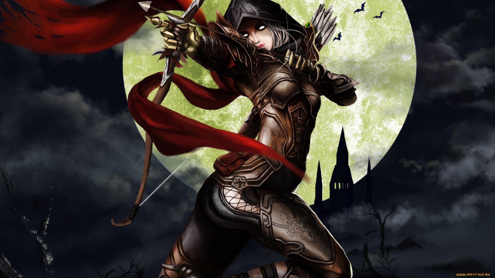 thief, видео, игры, летучие, мыши, девушка, стрела, луна, ночь, лук, капюшон, костюм, арт