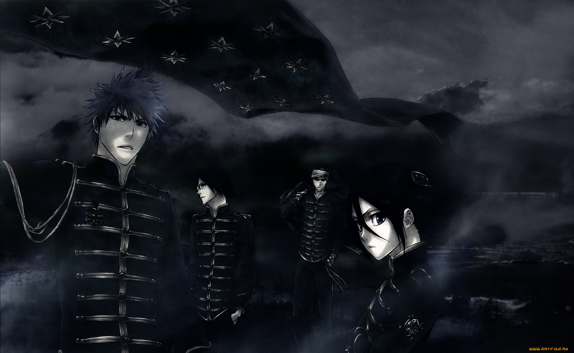 аниме, bleach, форма, исида, абарай, ночь, небо, облака, рукия, ичиго, блич, урю, чёрно-белая, кучики, куросаки, ренджи