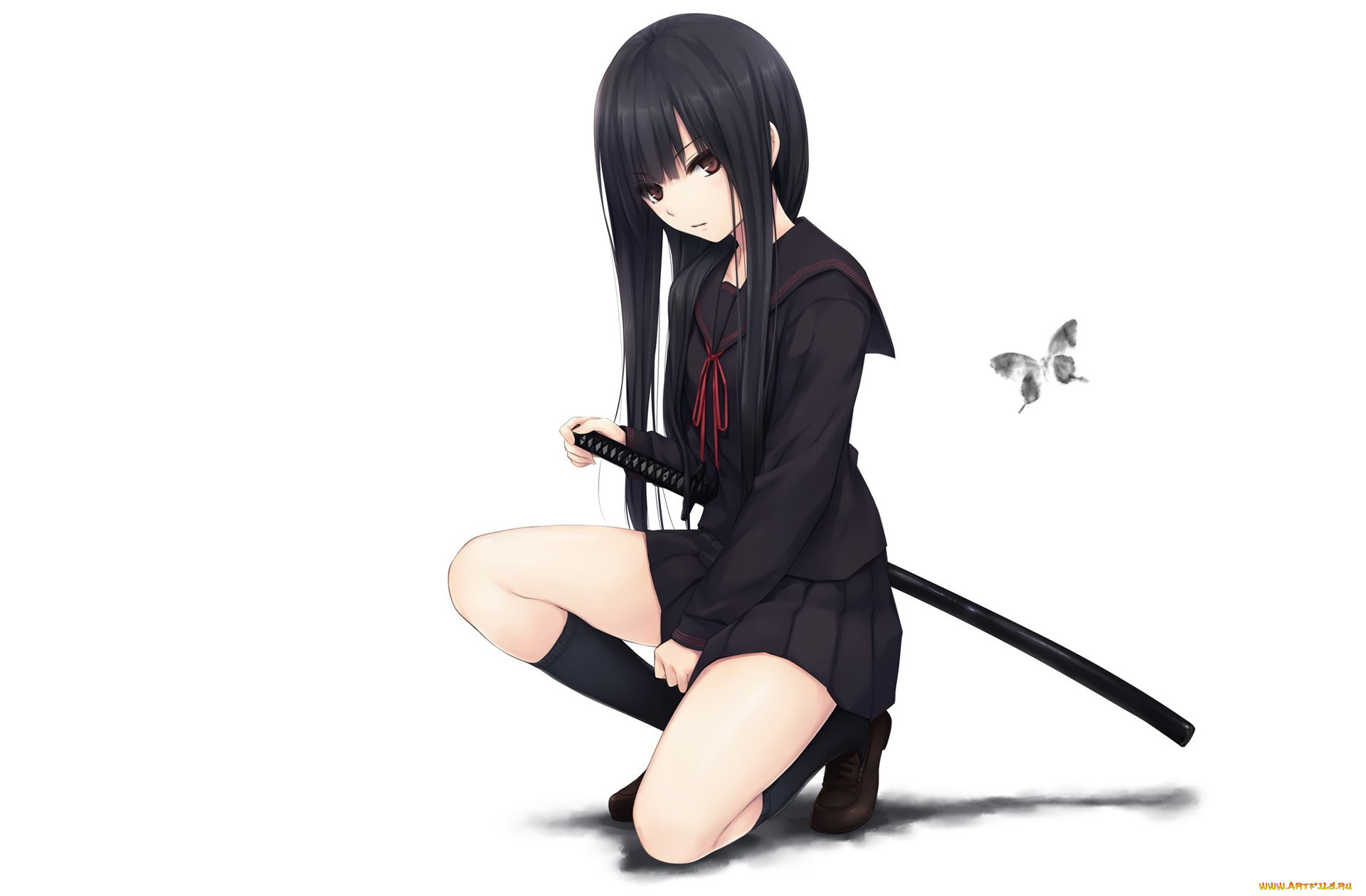 аниме, -weapon, , blood, &, technology, тень, взгляд, белый, фон, бабочка, меч, брюнетка, девушка