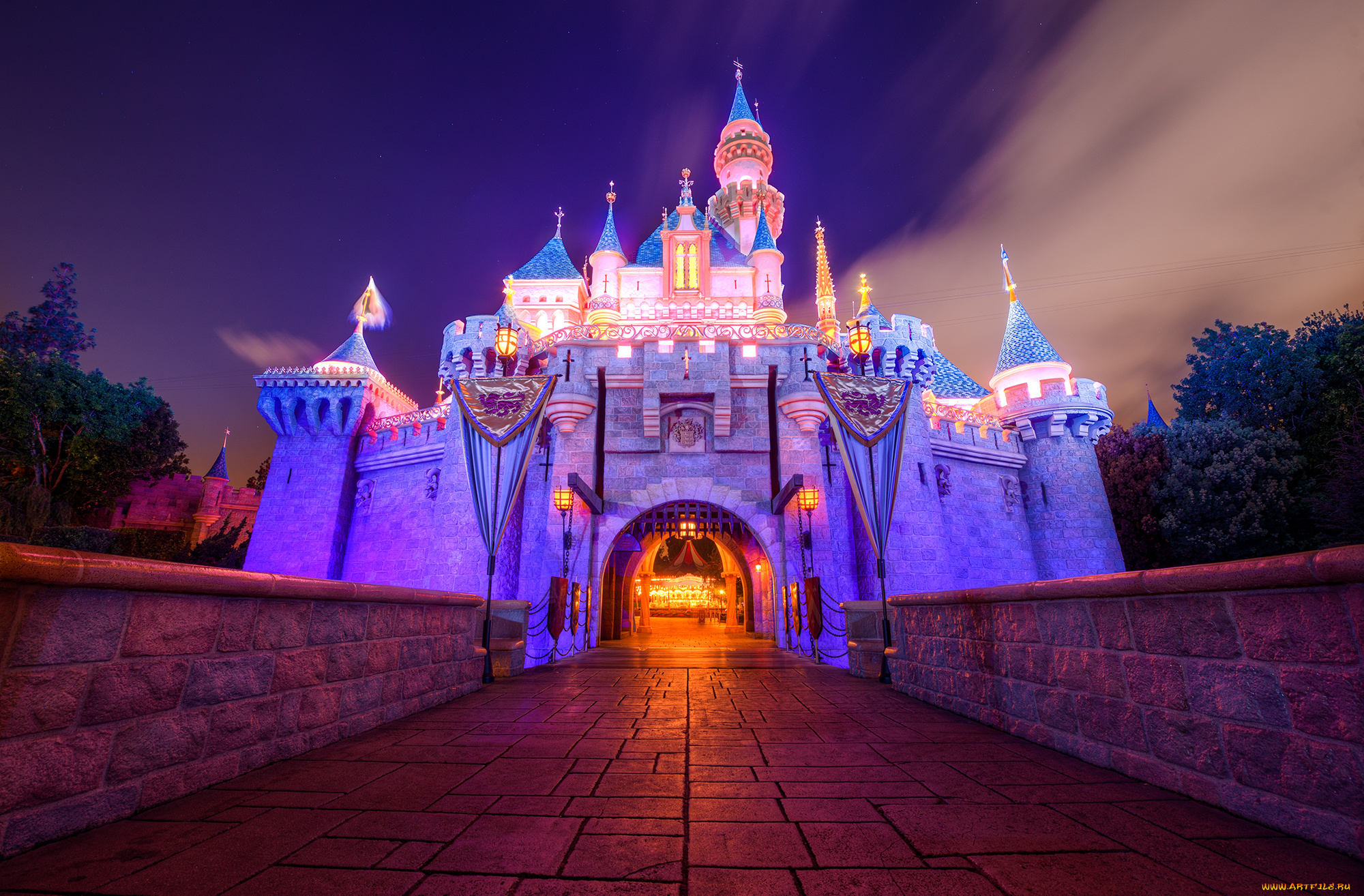 sleeping, beauty, castle, города, диснейленд, огни, замок, ночь, мост