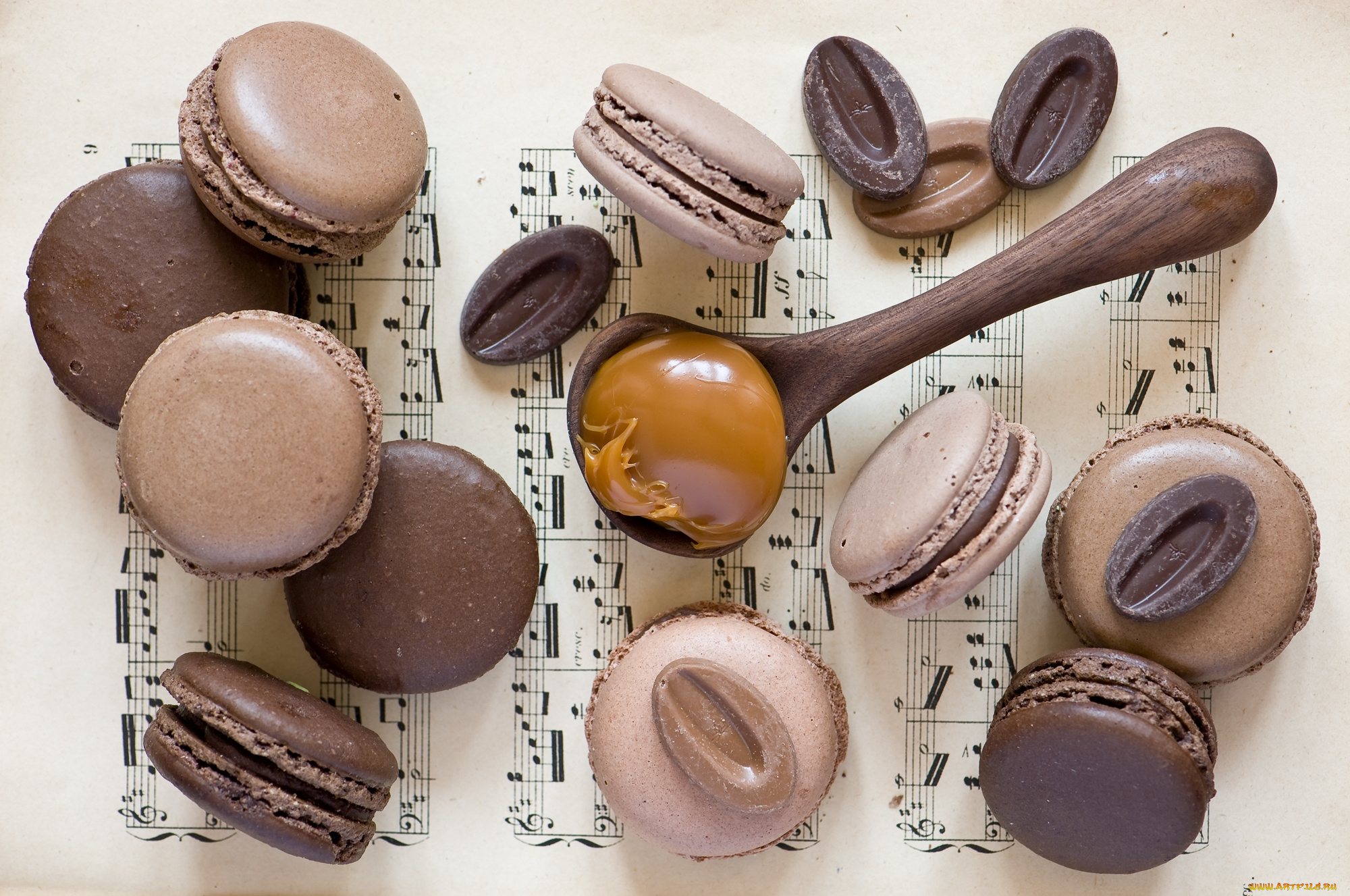 еда, -, макаруны, ноты, карамель, макарун