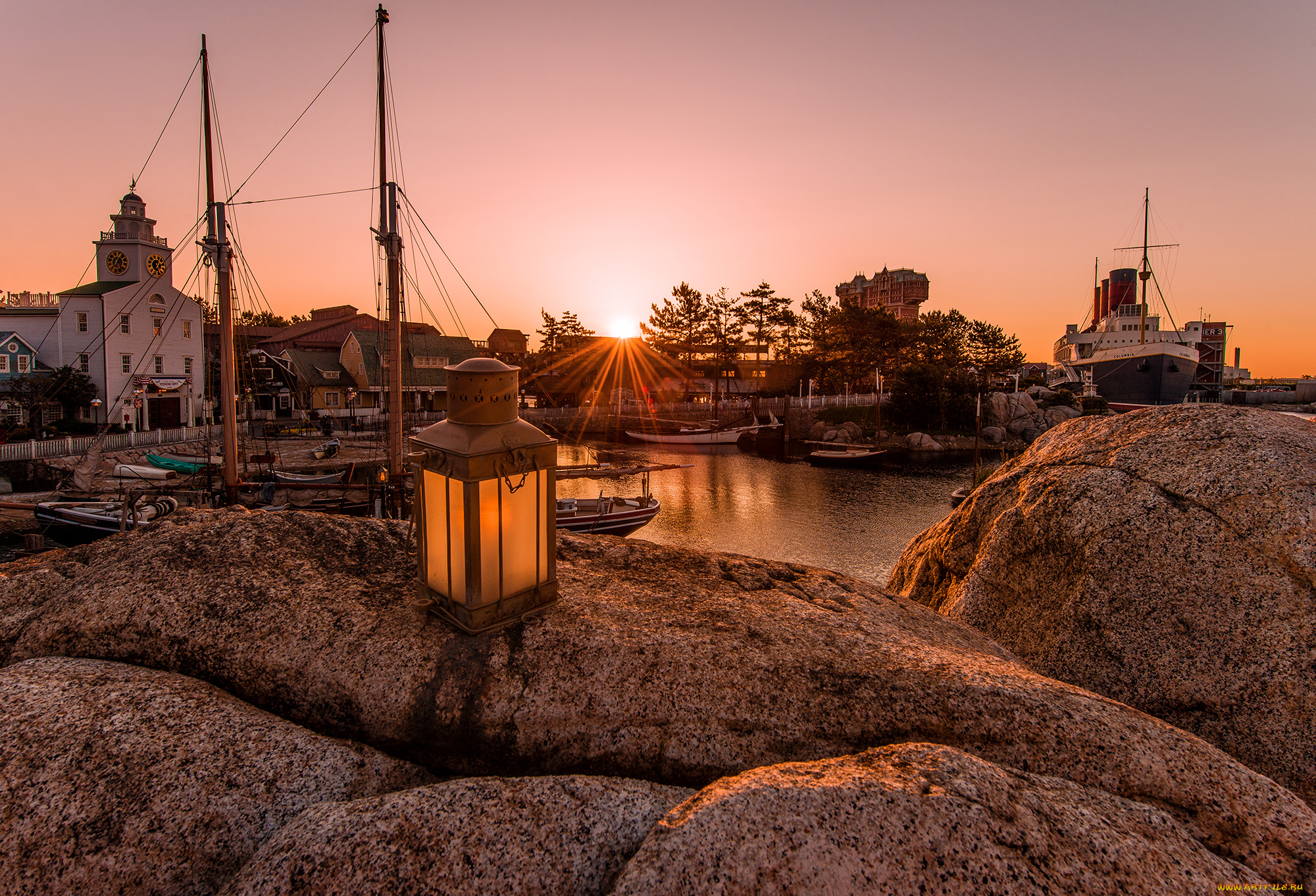sunrise, over, cape, cod, in, tokyo, disneysea, города, диснейленд, лодка, павильоны, рассвет, парк, залив