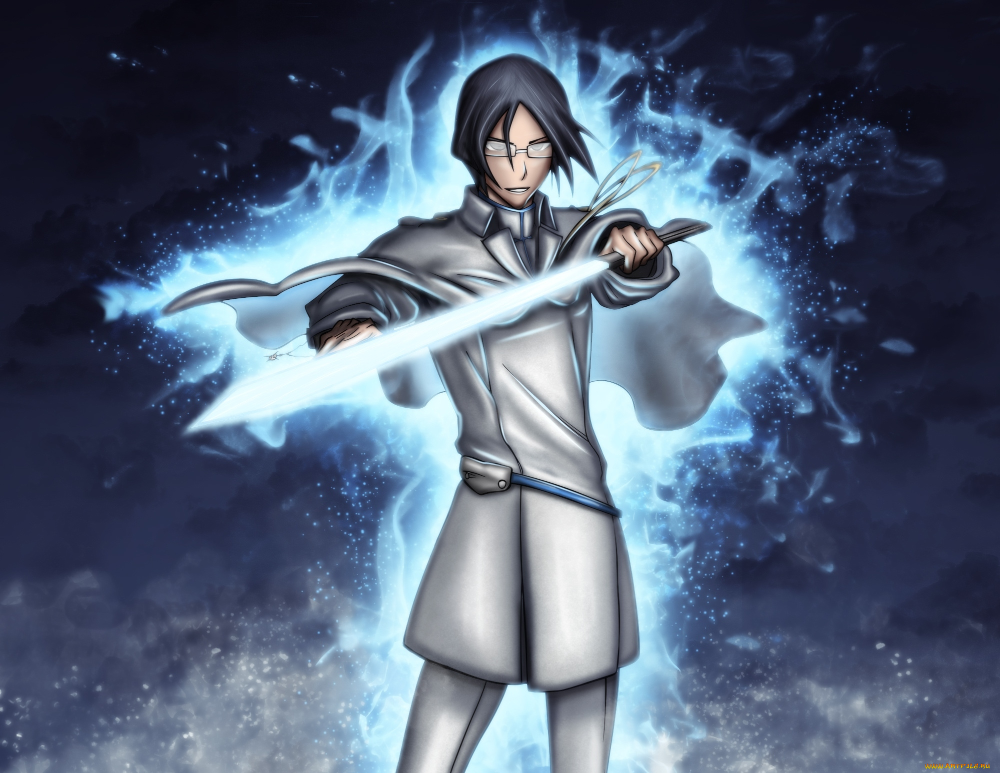 аниме, bleach, духовные, частицы, зели-шнайдер, искры, парень, брюнет, исида, урю, квинси, очки