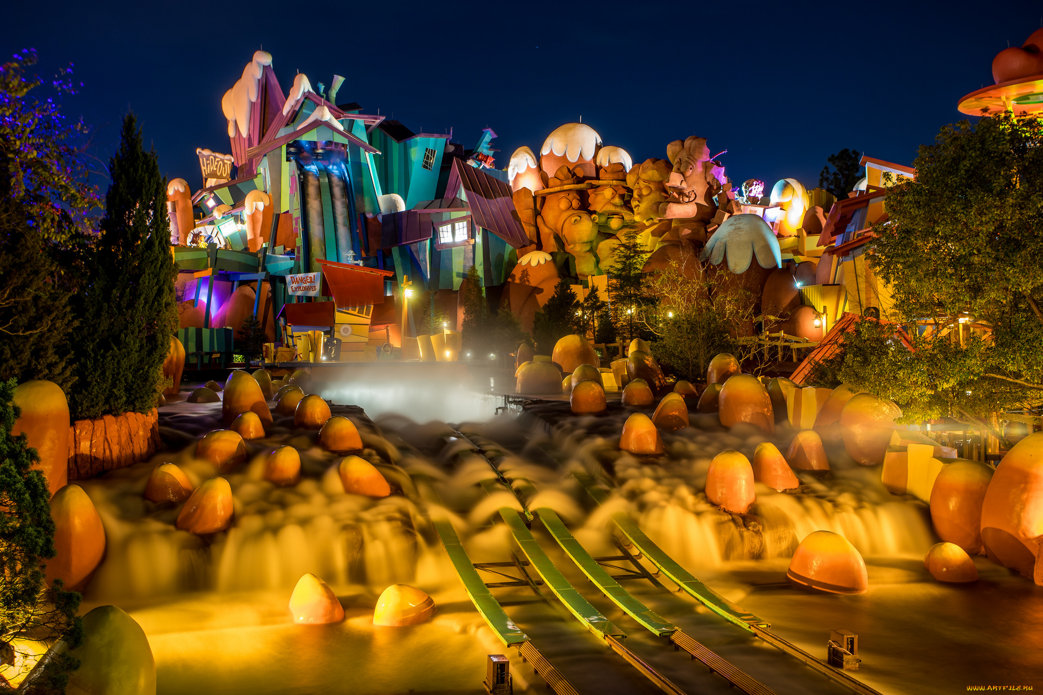 города, диснейленд, аттракционы, парк, ночь