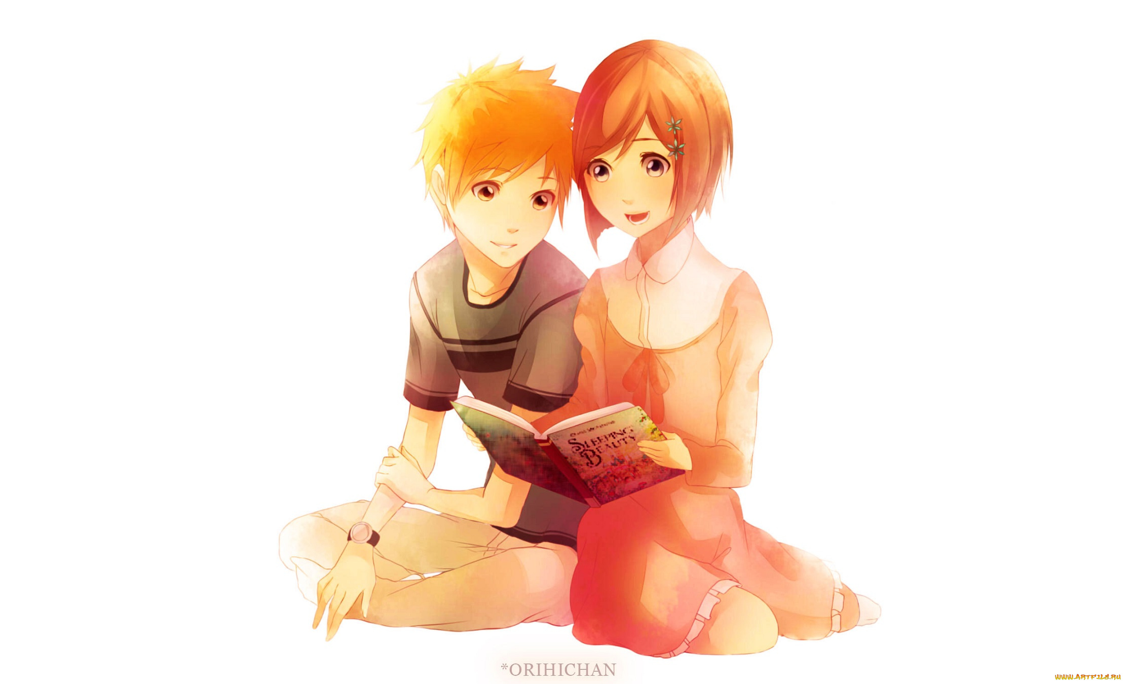 аниме, bleach, орихиме, белый, фон, книга, ичиго, арт, сияние, девочка, улыбки, мальчик, блич