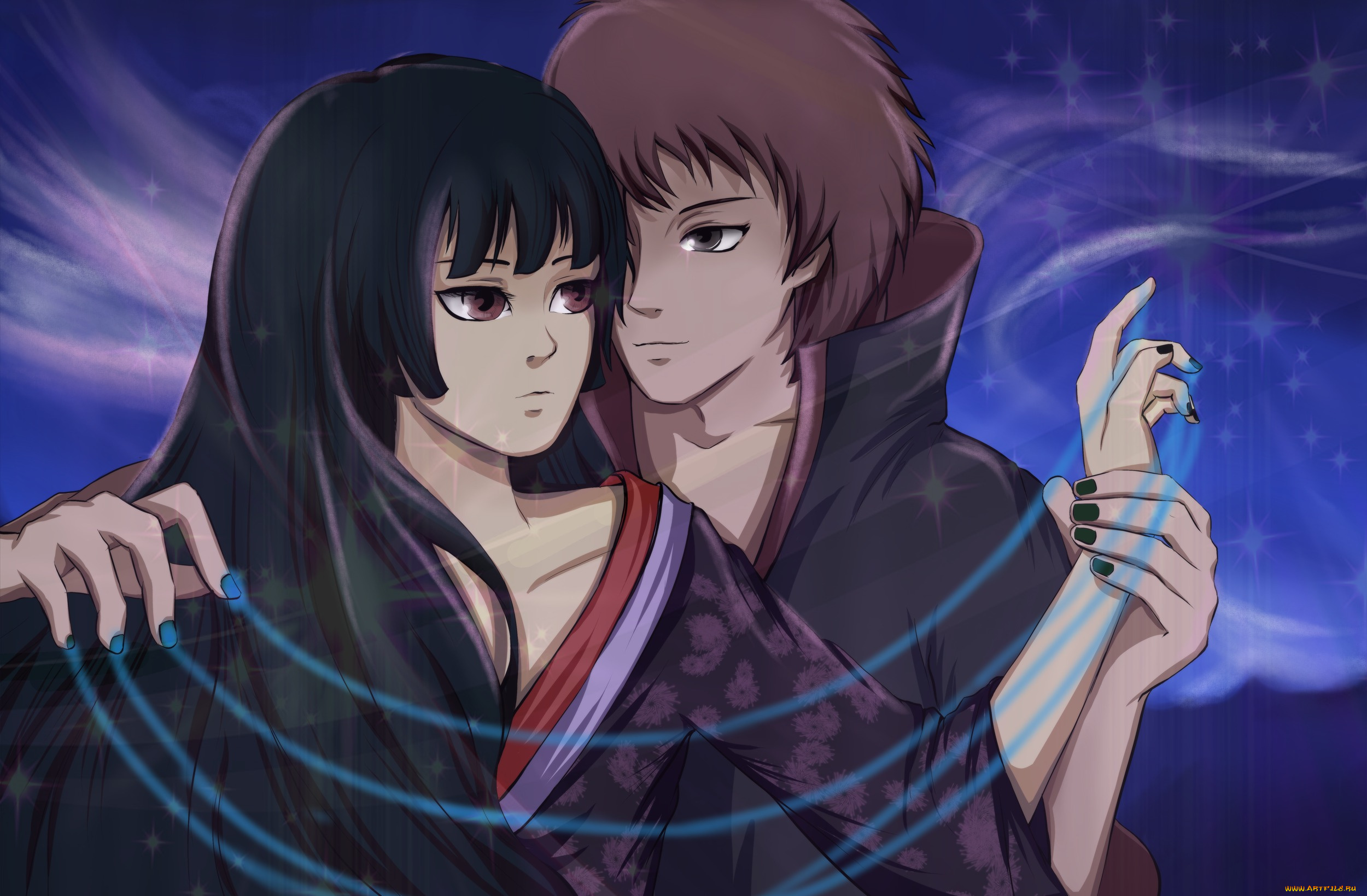 аниме, naruto, нити, парень, наруто, брюнетка, девушка, звёзды, небо, акатцки, кукольник, чакра, руки