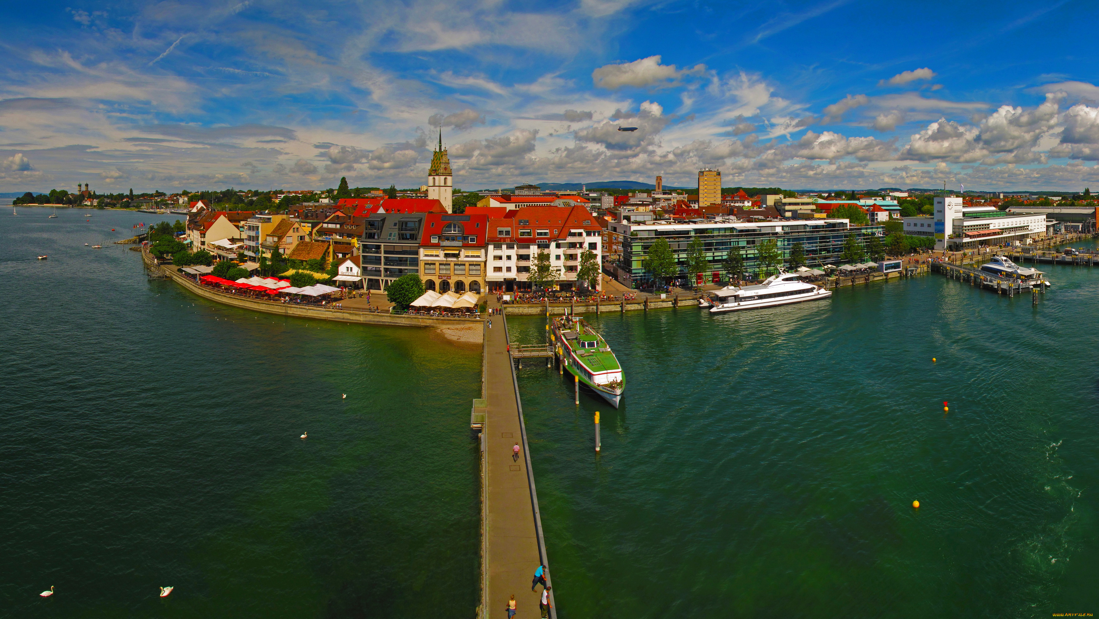 германия, фридрихсхафен, города, -, панорамы, река, дома, мост, полуостров, фридрихсхафен, германия