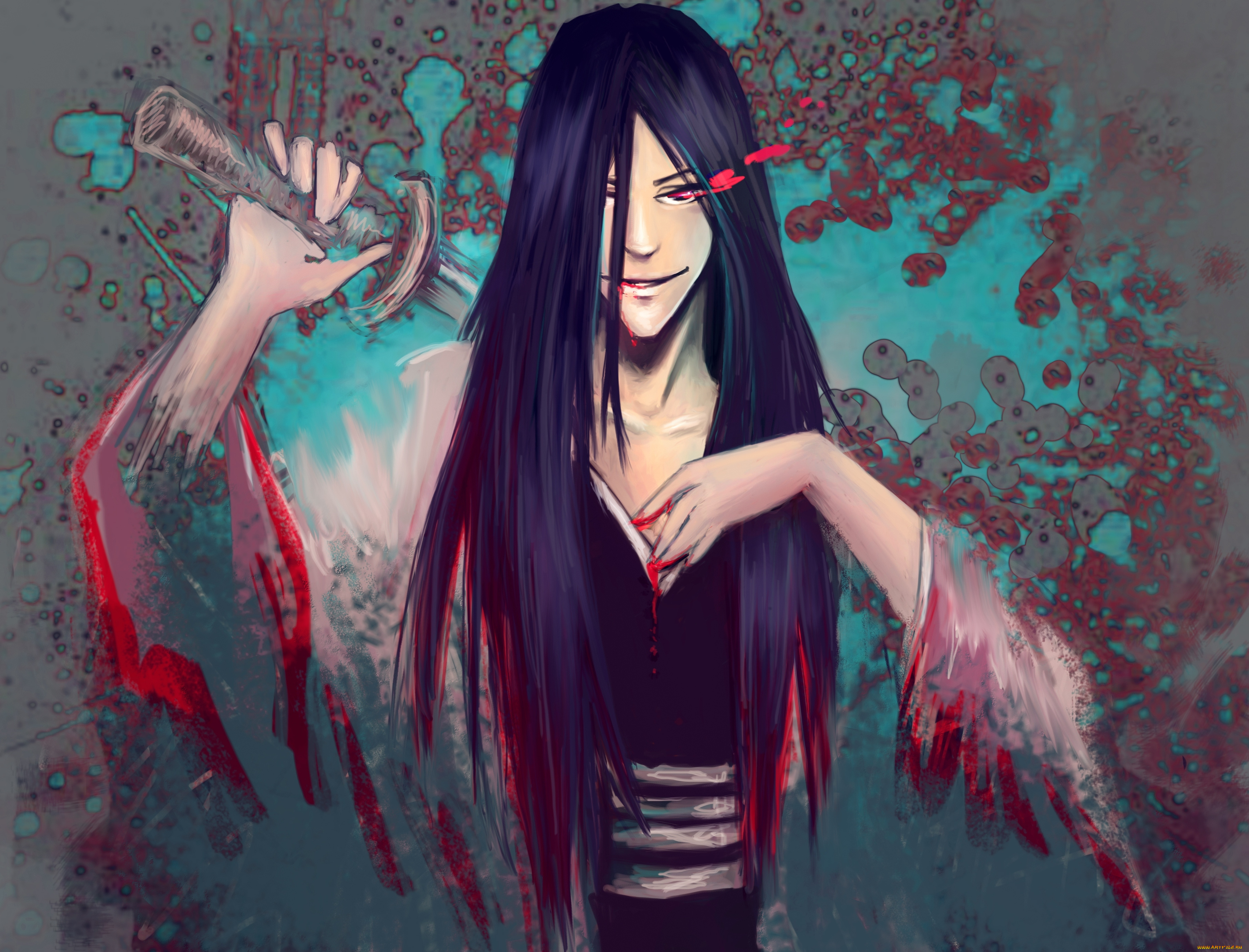 аниме, bleach, арт, улыбка, занпакто, отряда, шестого, кучики, капитан, бьякуя, блич, кровь