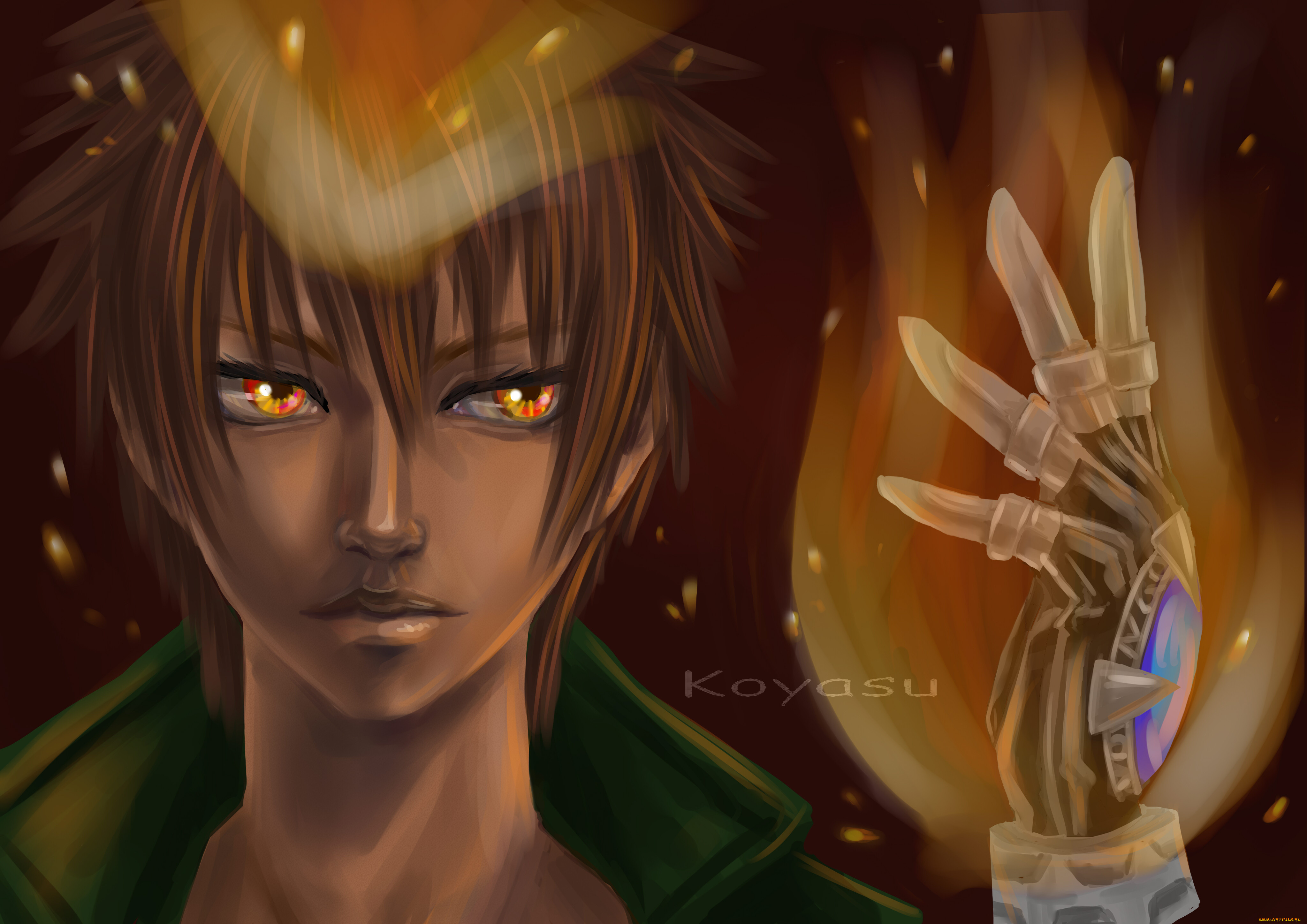 аниме, katekyo, hitman, reborn, шатен, парень, савада, тцуна, арт, реборн, учитель, мафиози, взгляд, перчатка, рука, пламя, посмертной, воли, искры