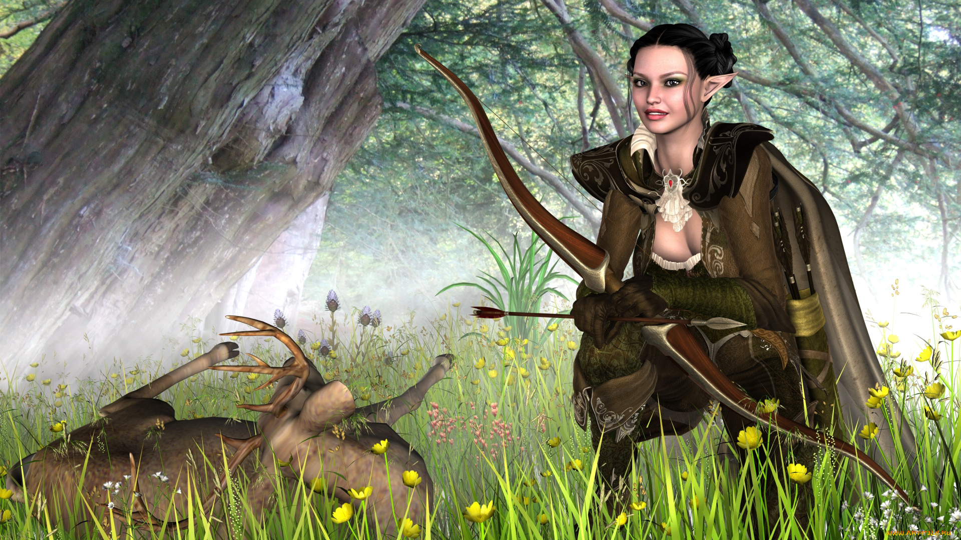 3д, графика, эльфы, , elves, трофеи, охота, лес, лук, фон, взгляд, девушка