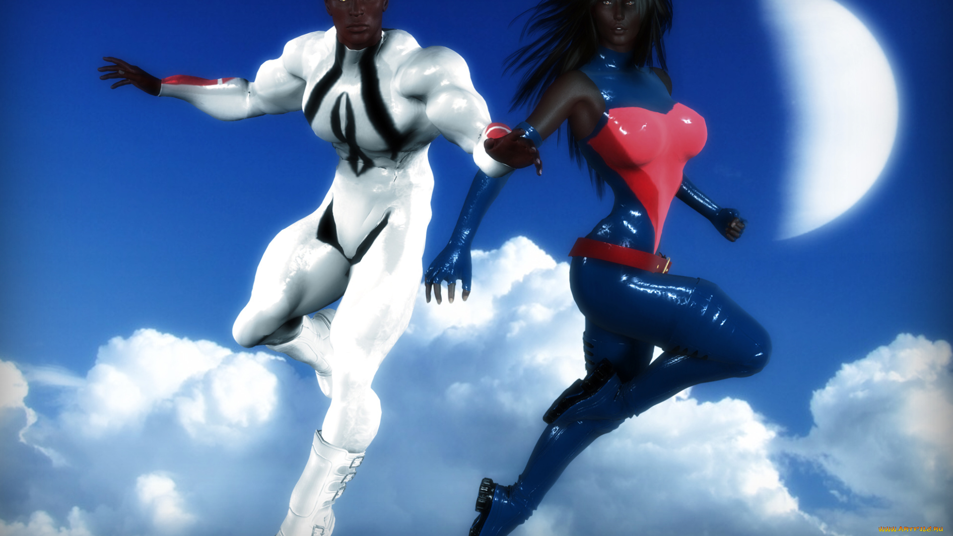 3д, графика, фантазия, , fantasy, девушка, облака, луна, мужчина, фон, взгляд, полет