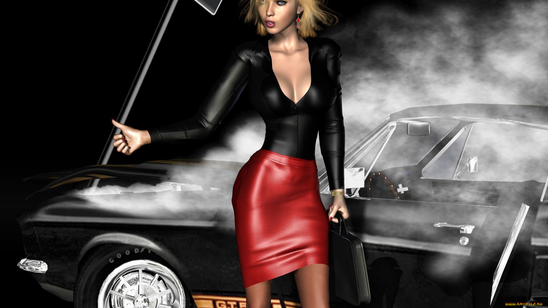 3д, графика, люди, , people, девушка, взгляд, фон, автомобиль