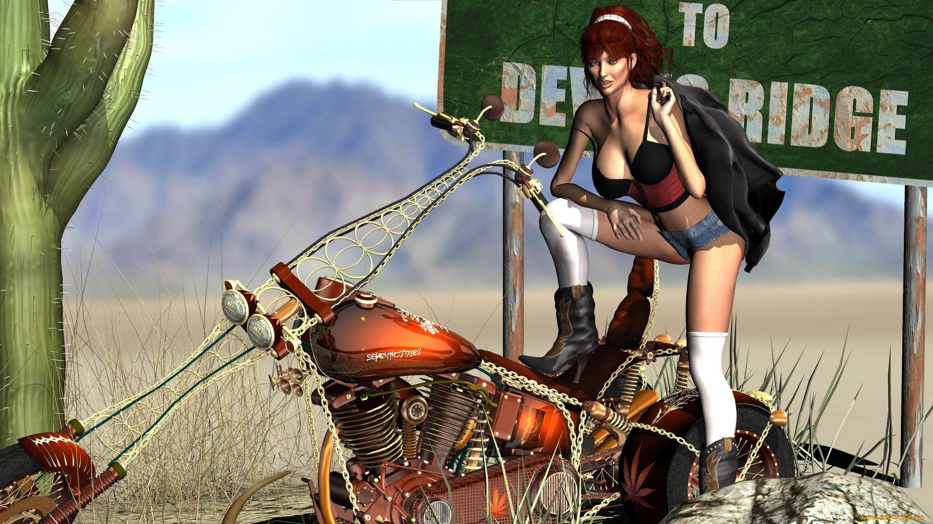 3д, графика, люди, , people, девушка, взгляд, фон, мотоцикл