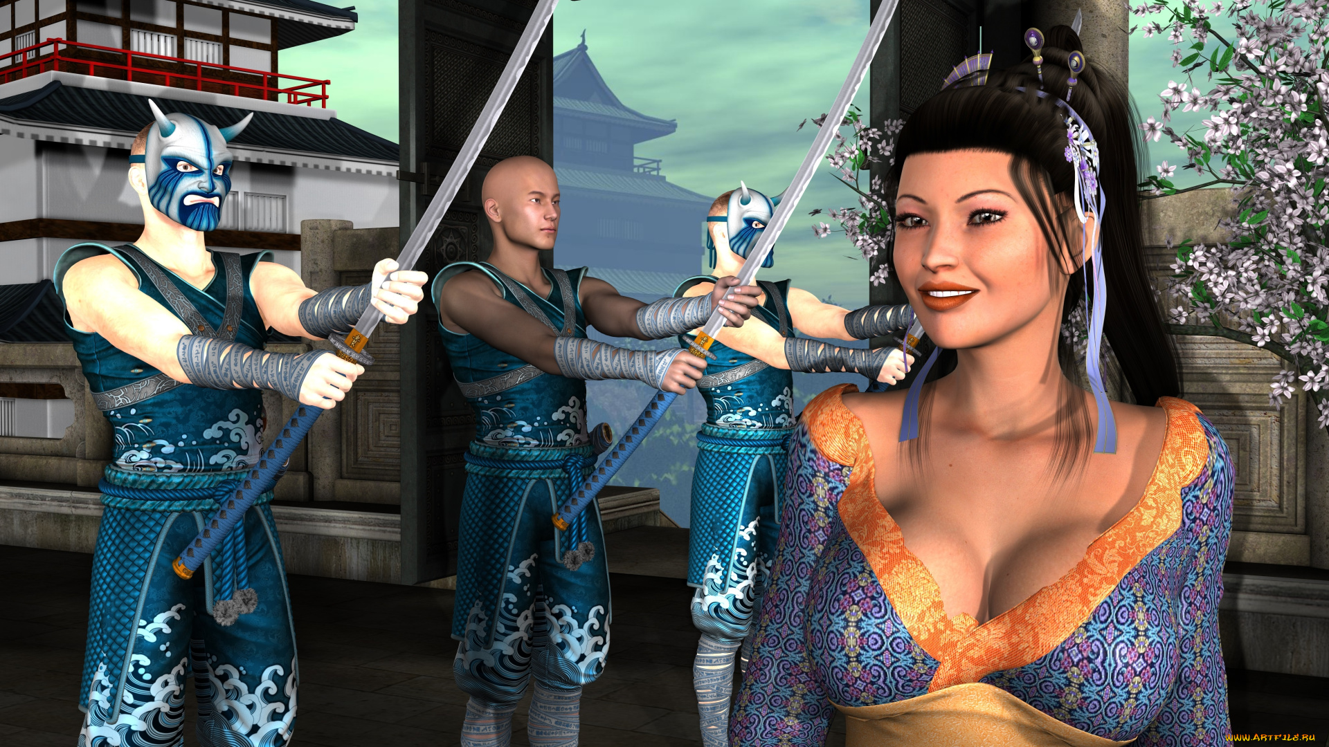 3д, графика, люди, , people, фон, взгляд, оружие, воины, девушка