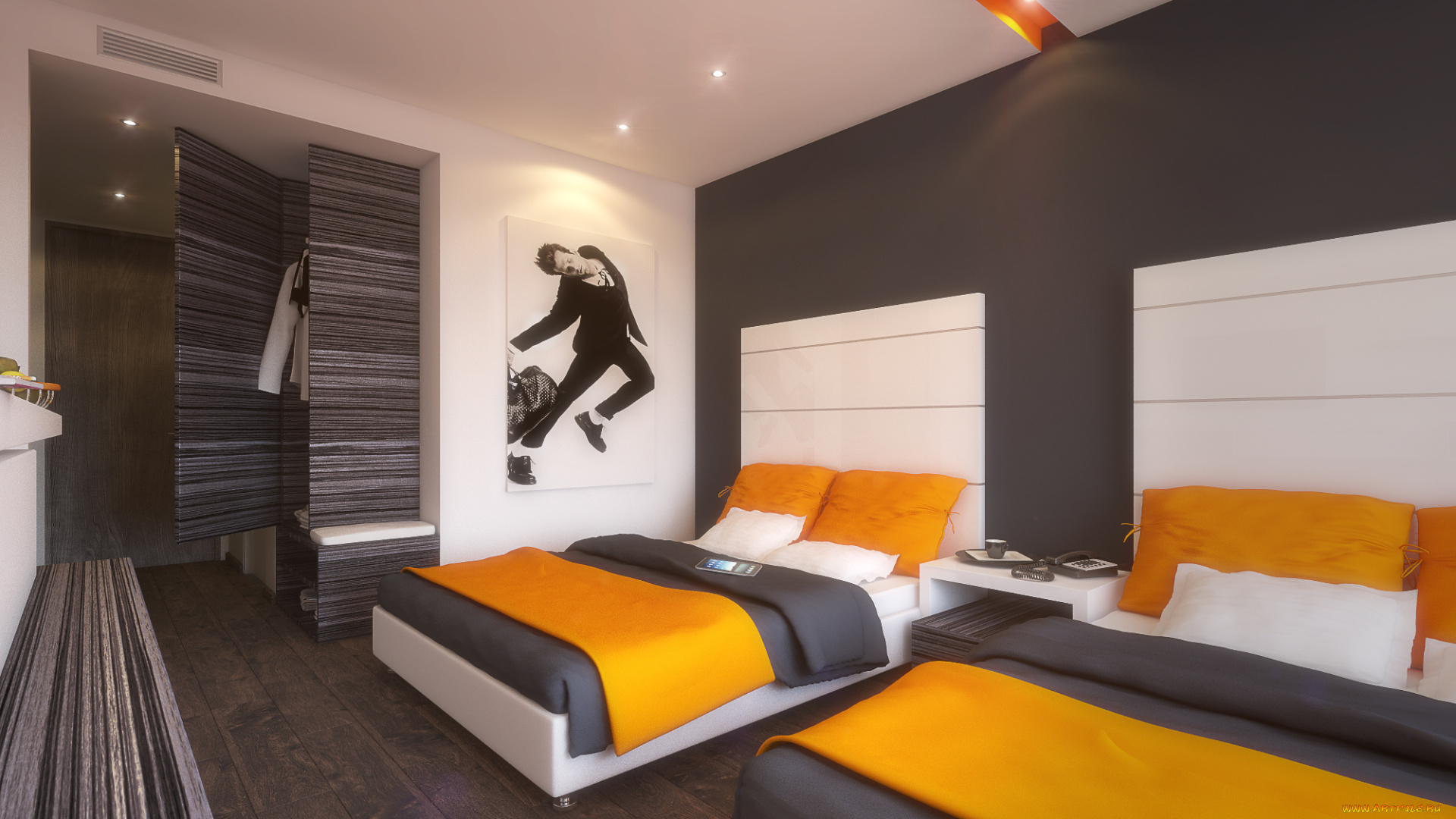 3д, графика, реализм, , realism, спальня, кровати, подушки