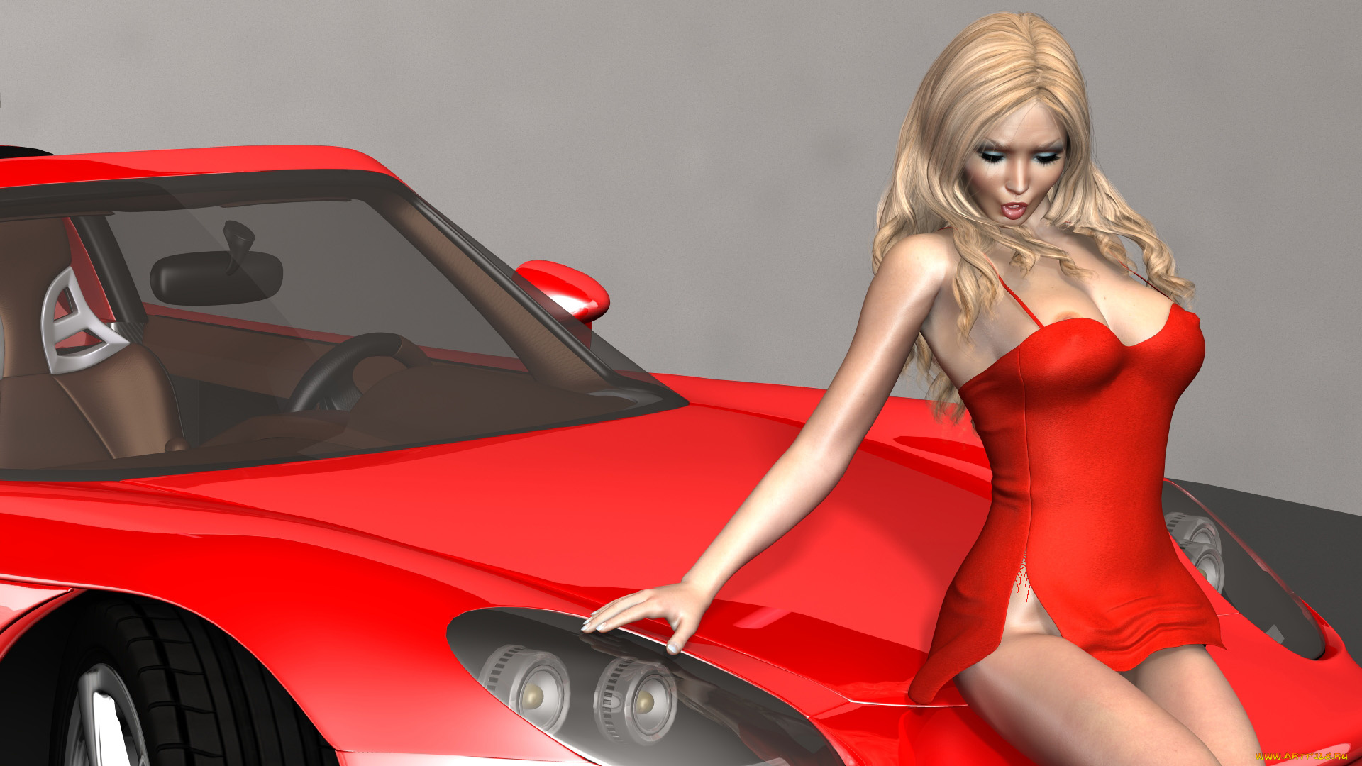 автомобили, 3d, car&girl, автомобиль, блондинка, фон, взгляд, девушка