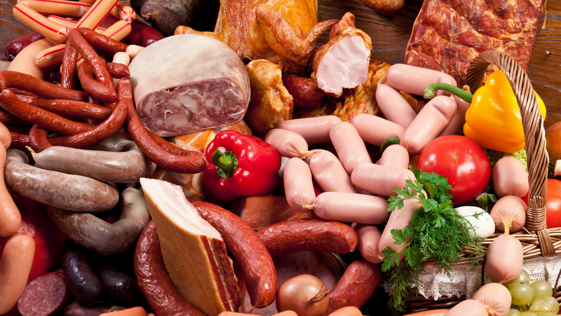 еда, колбасные, изделия, овощи, ветчина, сосиски, колбаса, балык, рулет