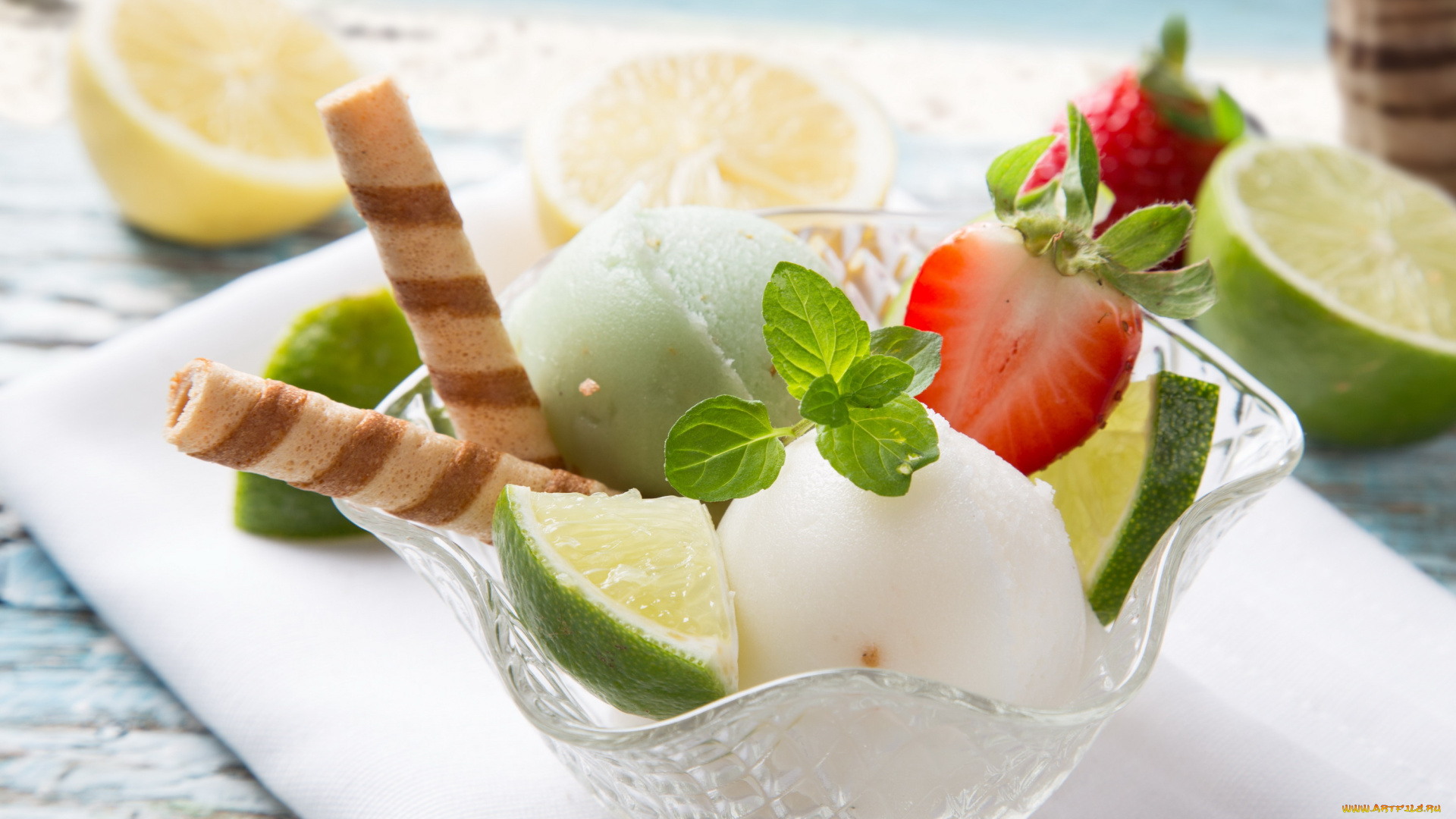 еда, мороженое, , десерты, мята, лимон, клубника