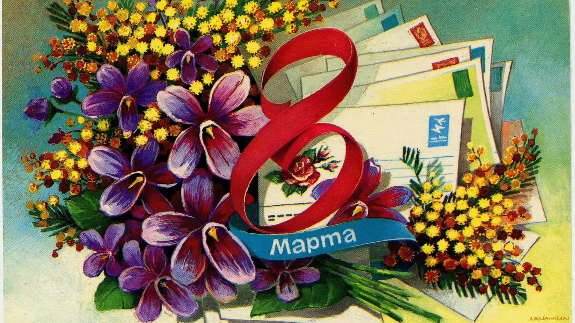 праздничные, международный, женский, день, -, 8, марта, мимозы, конверты, 8, марта, праздник, открытка