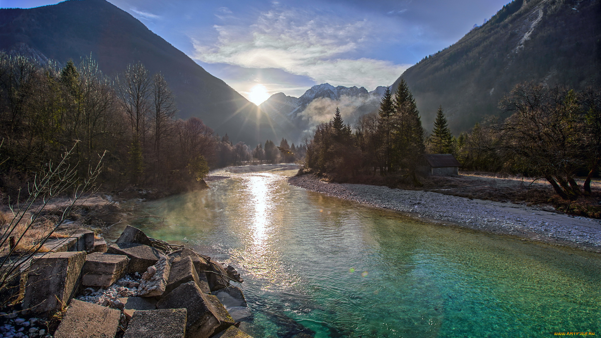 природа, восходы, закаты, горы, солнце, река, долина, соча, толмин, словения, лучи