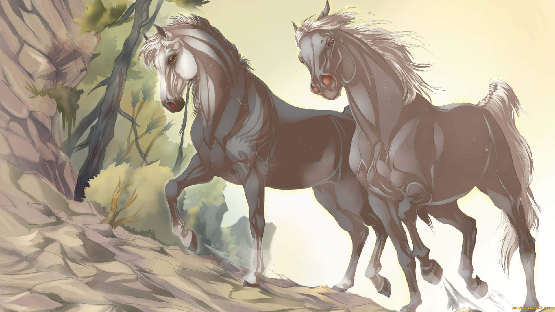 рисованное, животные, , лошади, взгляд, грива, лошади, фон