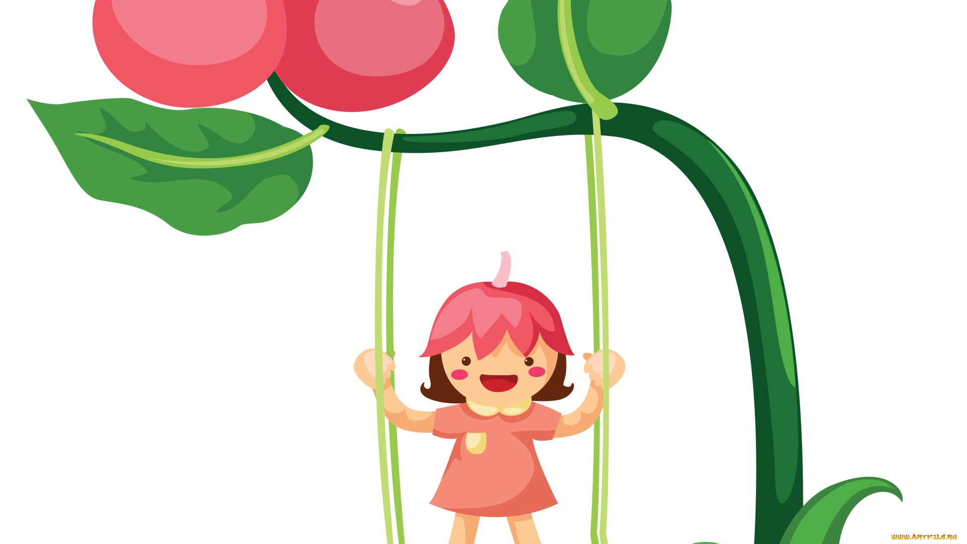 векторная, графика, дети, качели, цветок, фон, взгляд, девушка