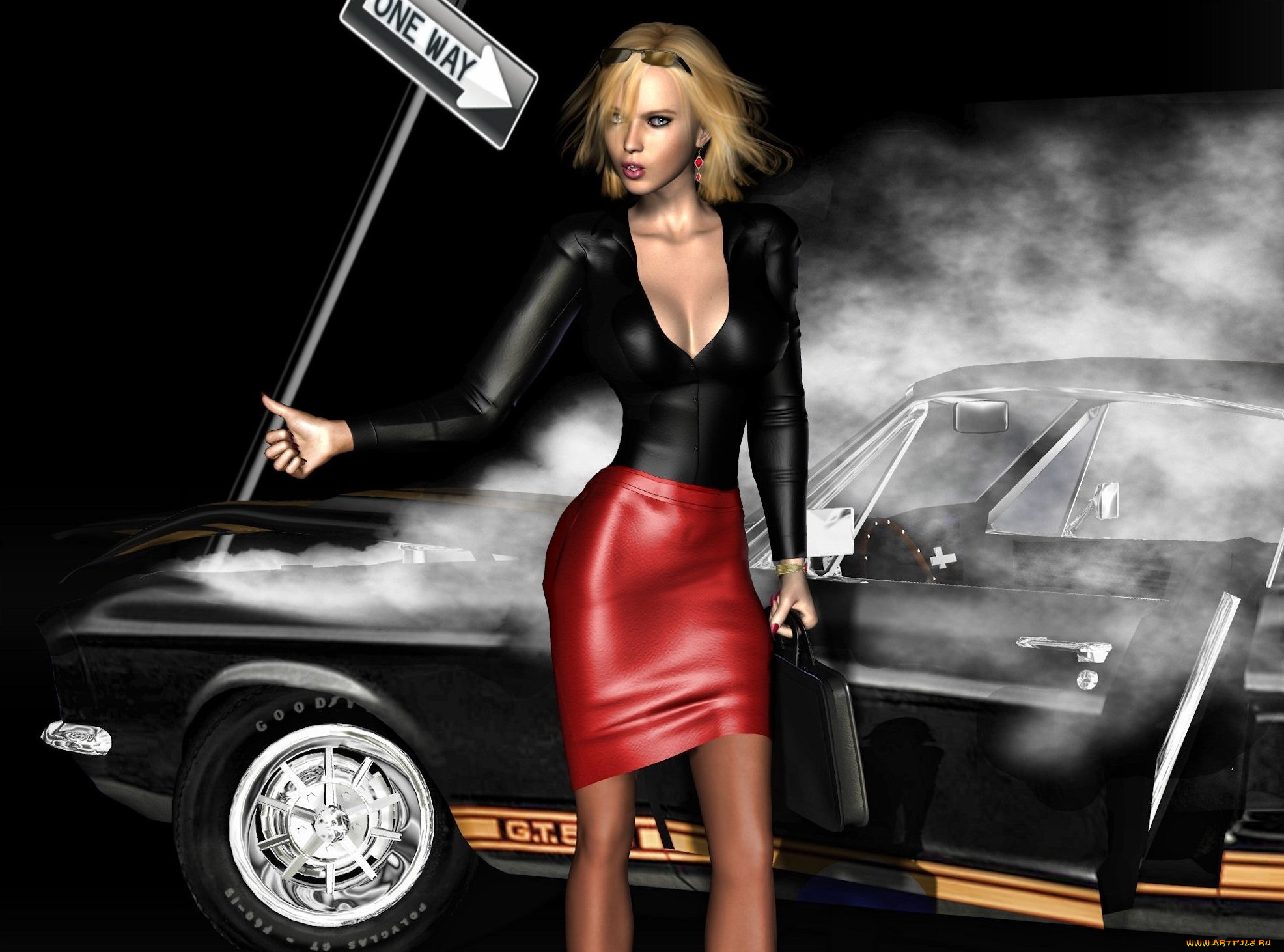 3д, графика, люди, , people, девушка, взгляд, фон, автомобиль