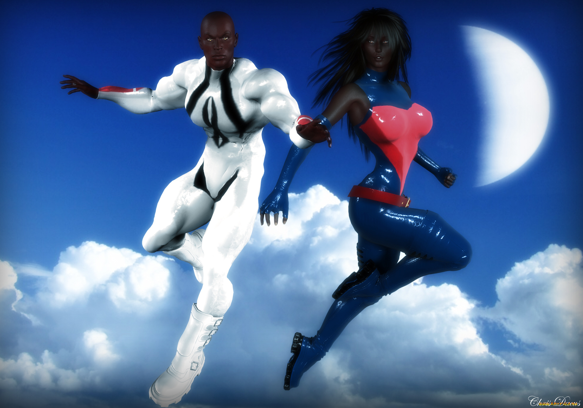 3д, графика, фантазия, , fantasy, девушка, облака, луна, мужчина, фон, взгляд, полет