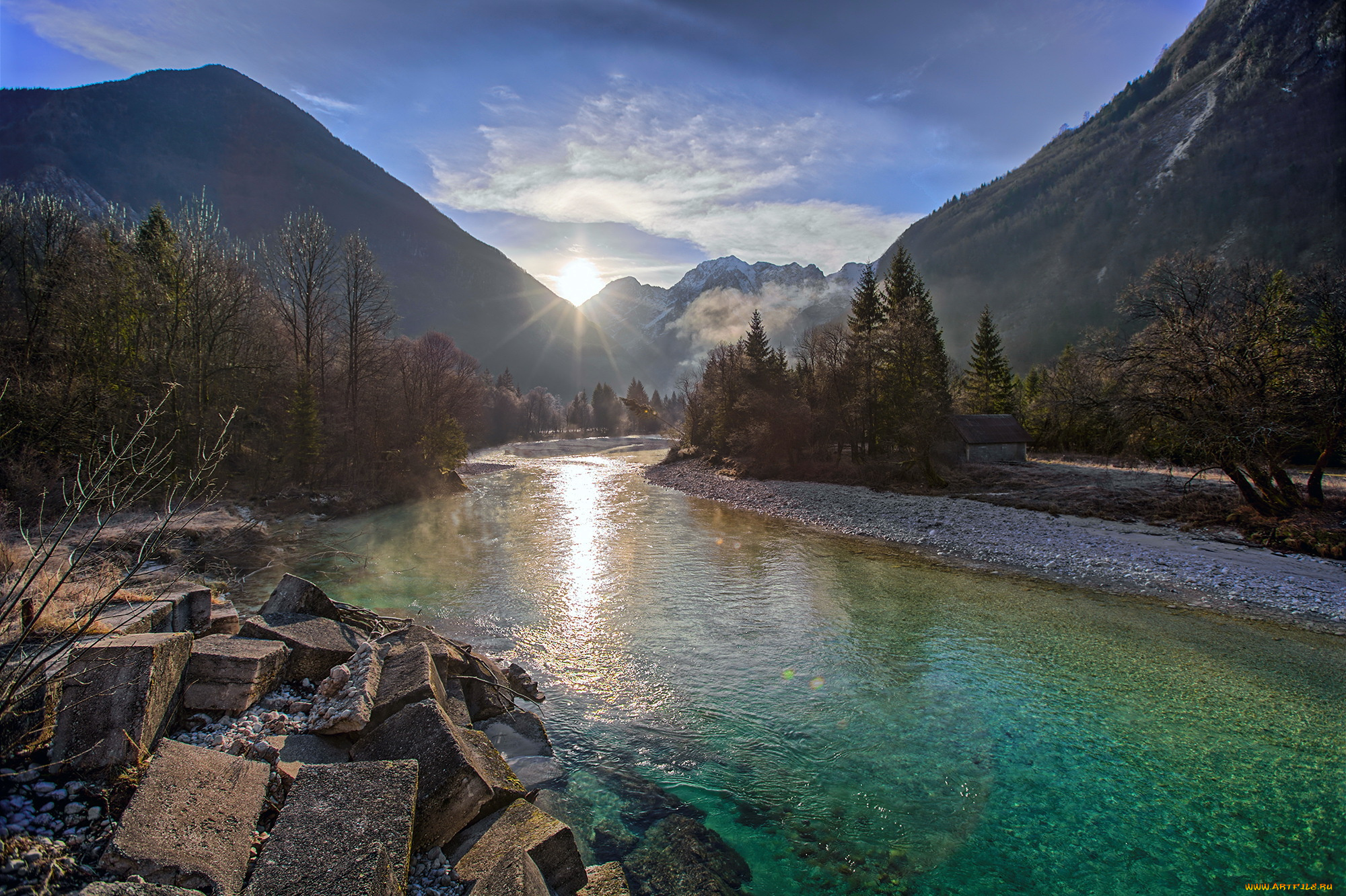 природа, восходы, закаты, горы, солнце, река, долина, соча, толмин, словения, лучи