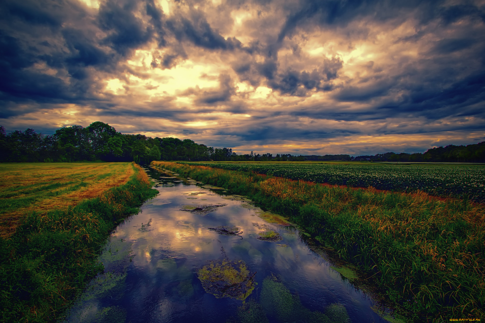 природа, реки, озера, поле, речка, тучи