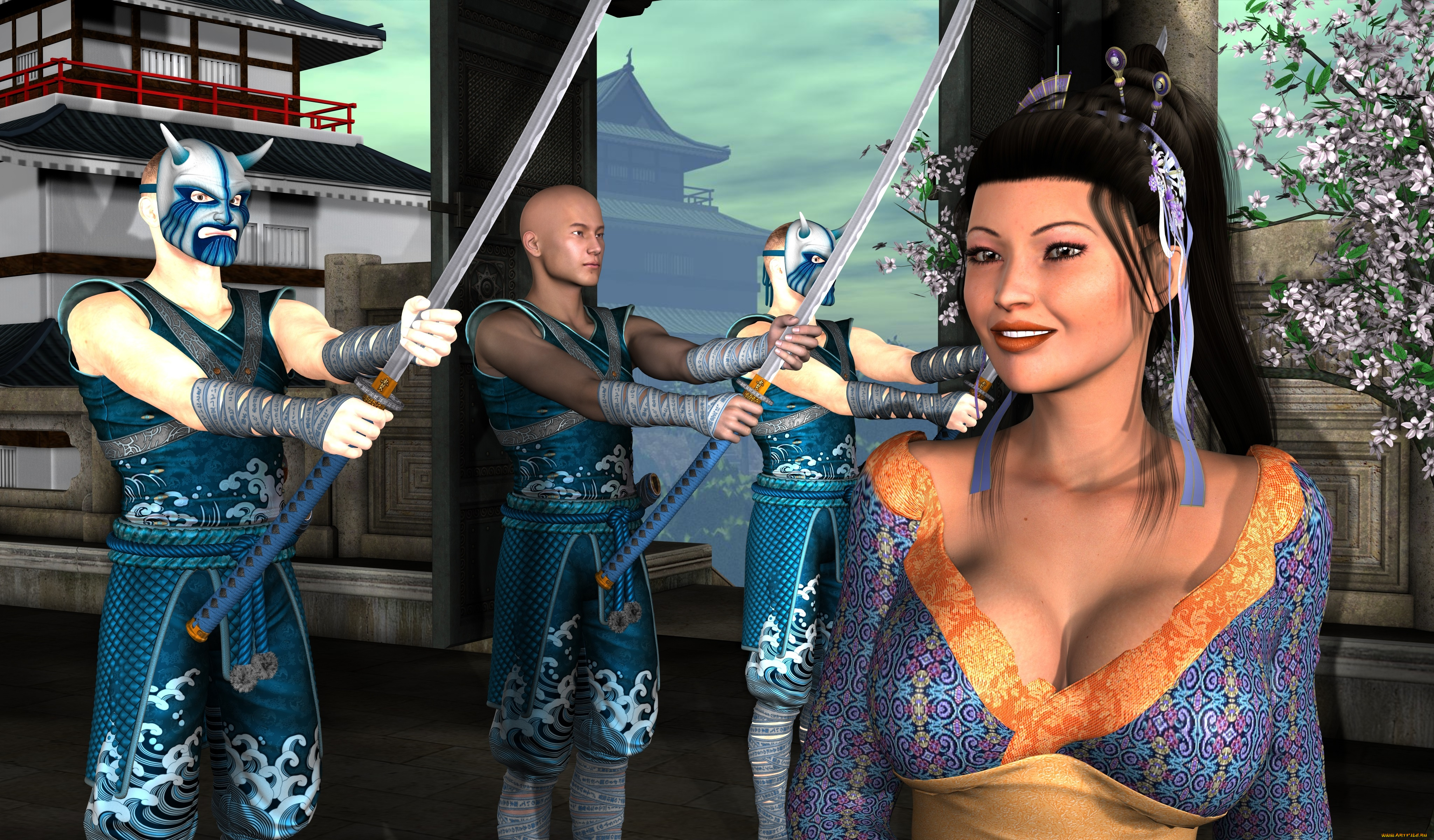 3д, графика, люди, , people, фон, взгляд, оружие, воины, девушка