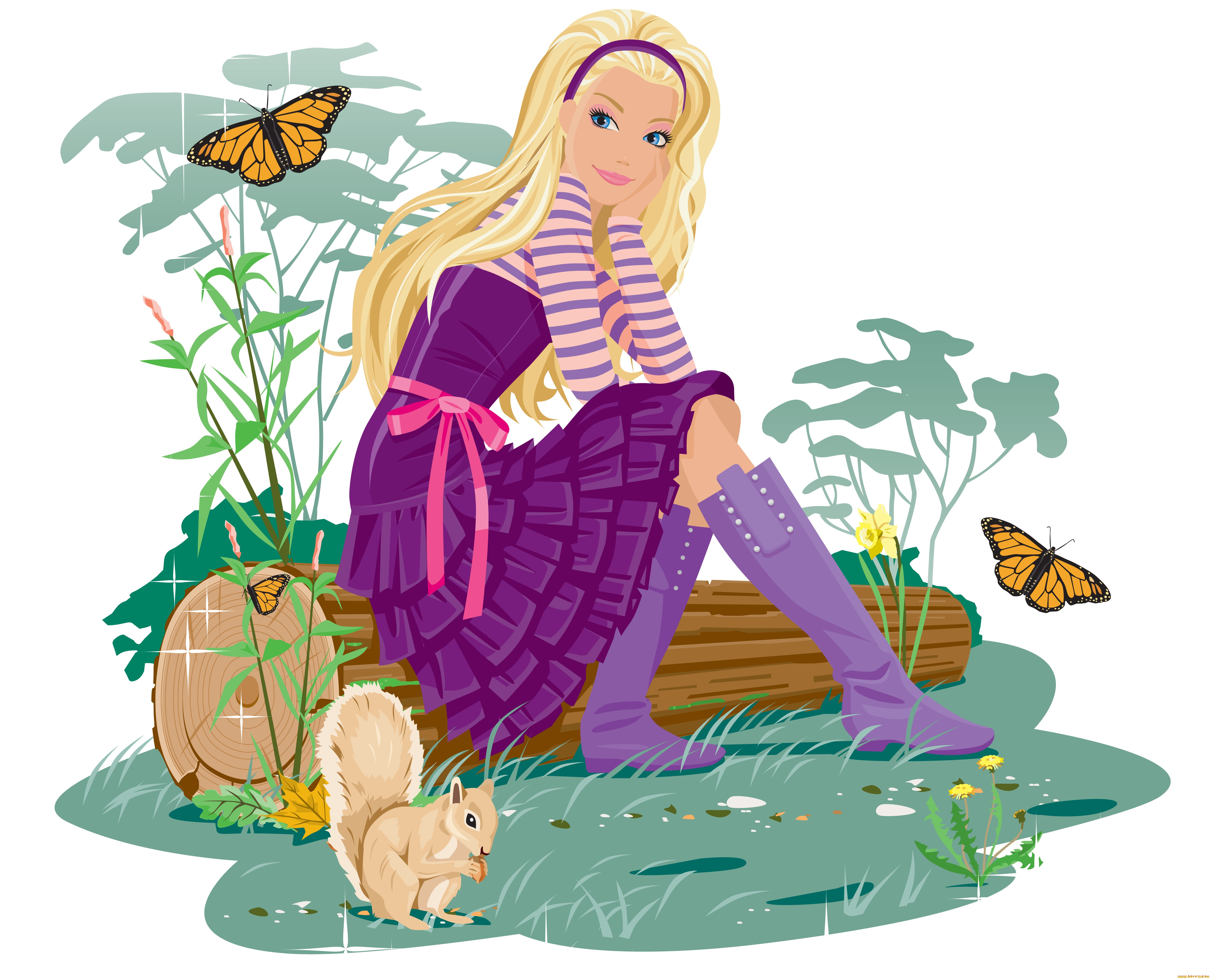 векторная, графика, дети, бабочки, белочка, фон, бревно, растения, цветы, взгляд, девочка, пояс, платье
