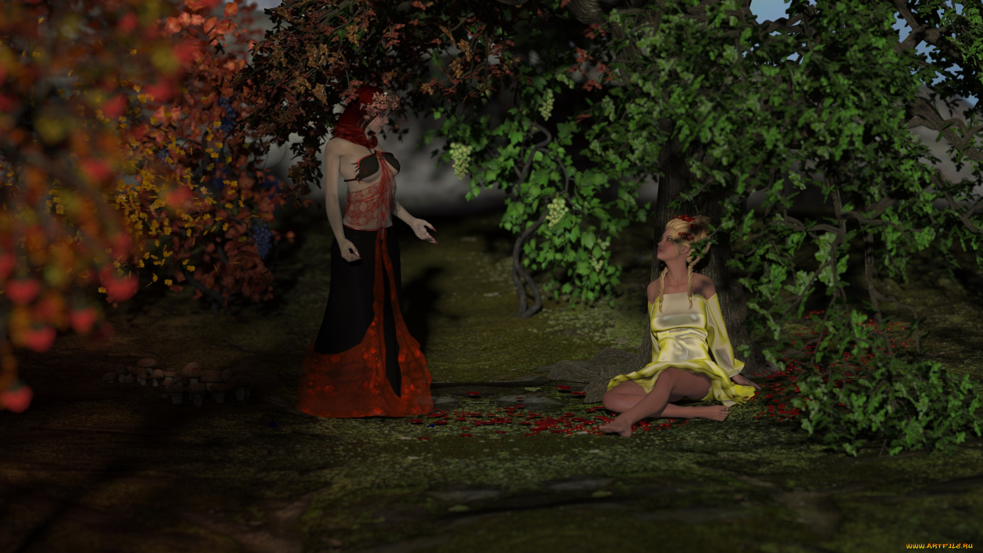 3д, графика, эльфы, , elves, взгляд, эльфийки, сад, фон