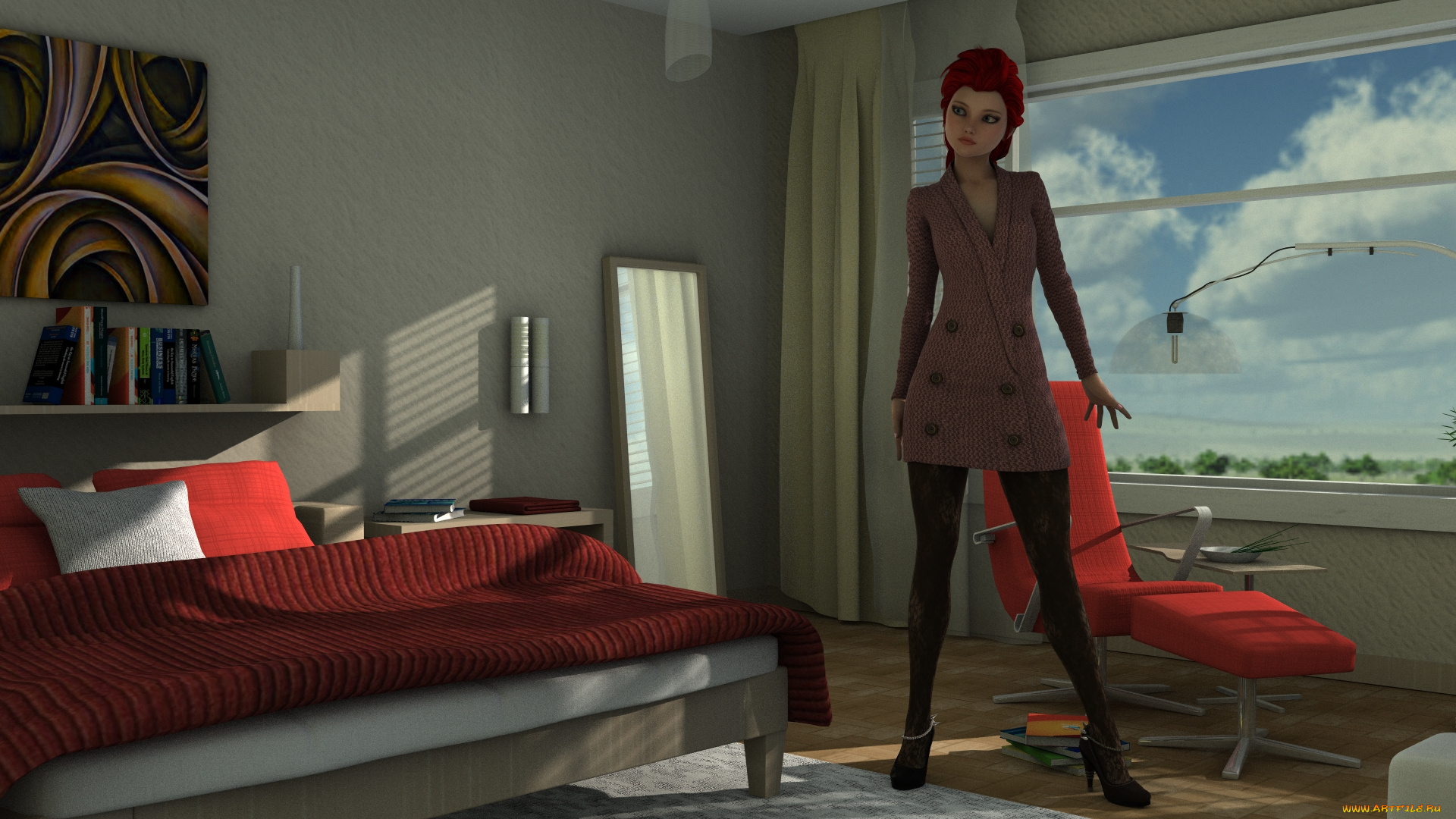 3д, графика, люди, , people, интерьер, фон, взгляд, девушка