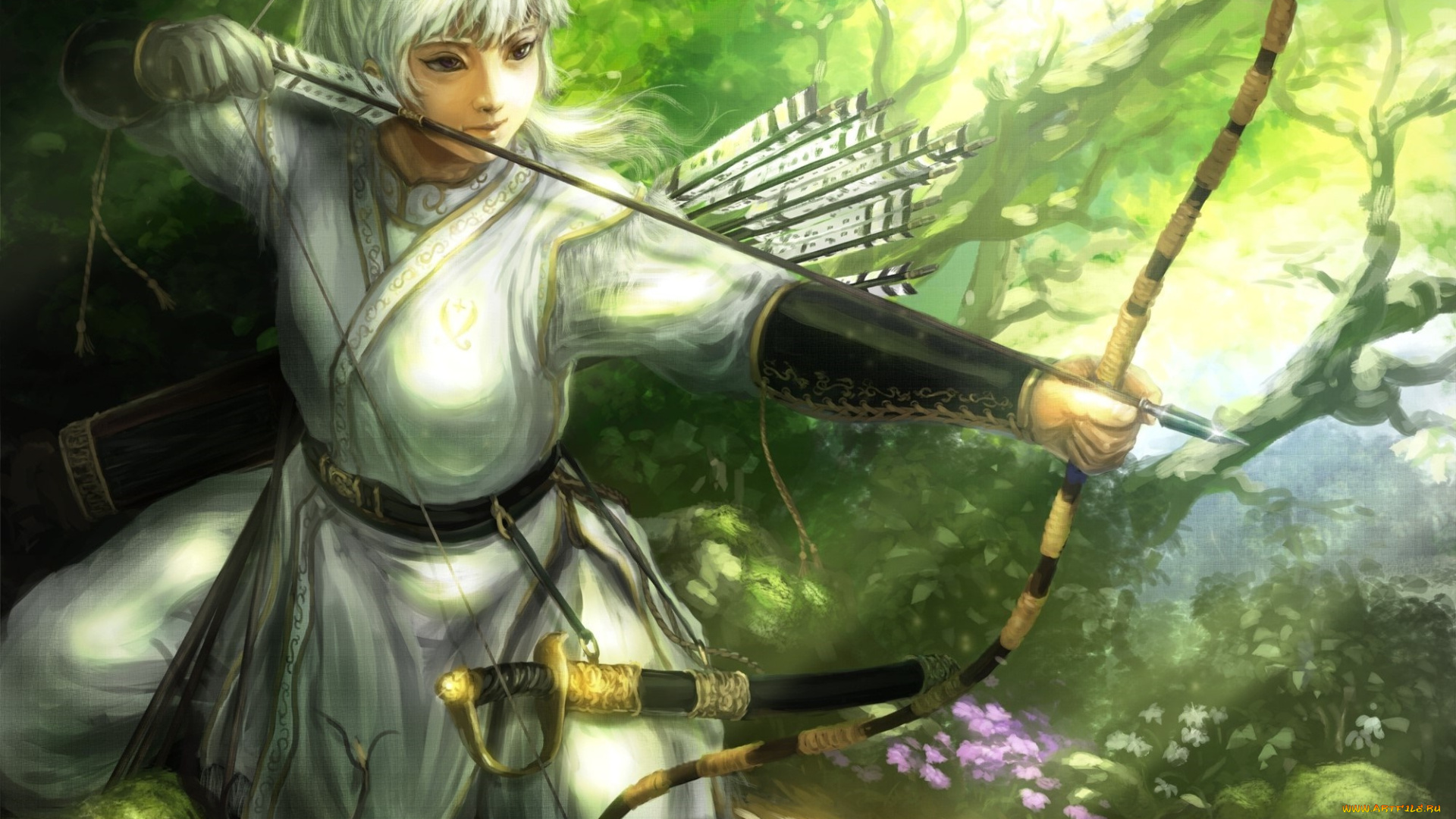 фэнтези, девушки, фон, взгляд, стрелы, лук, девушка