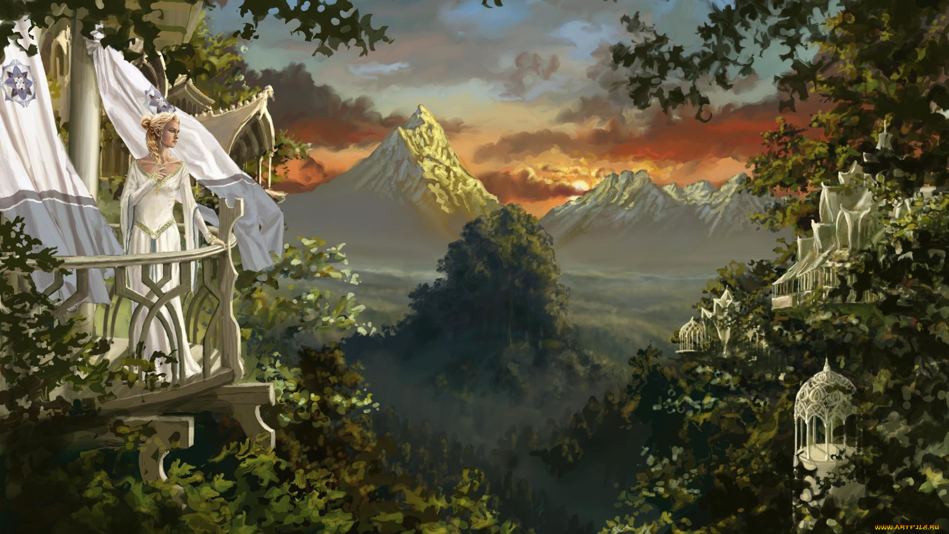 фэнтези, девушки, горы, природа, балкон, платье, взгляд, девушка, арт, фэнтази