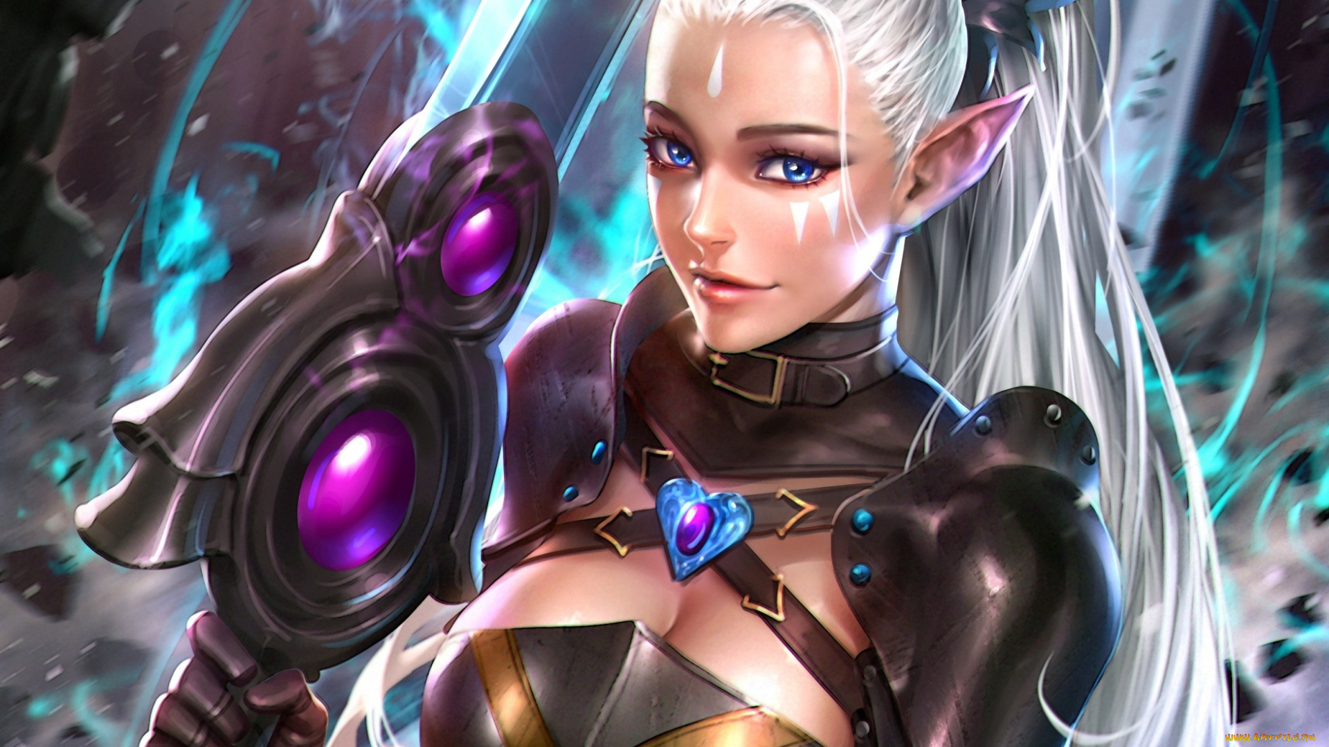 фэнтези, эльфы, грудь, воин, adalia, меч, девушка, взгляд, красота, волосы, лицо, уши